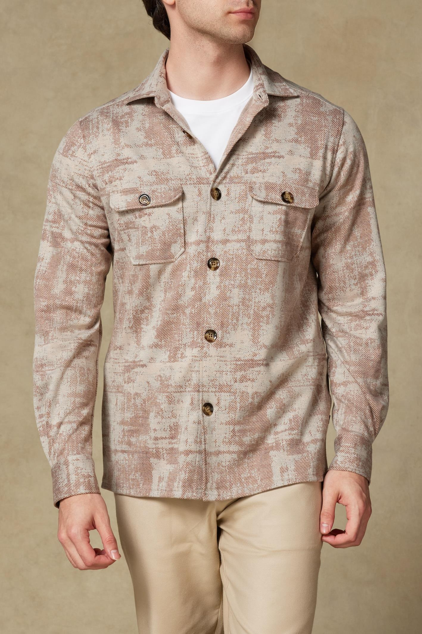 Abbate Legend Örme Kumaş Viskon Karışımlı Overshirt Fit Bej Klasik Yaka Erkek Desenli Overshirt