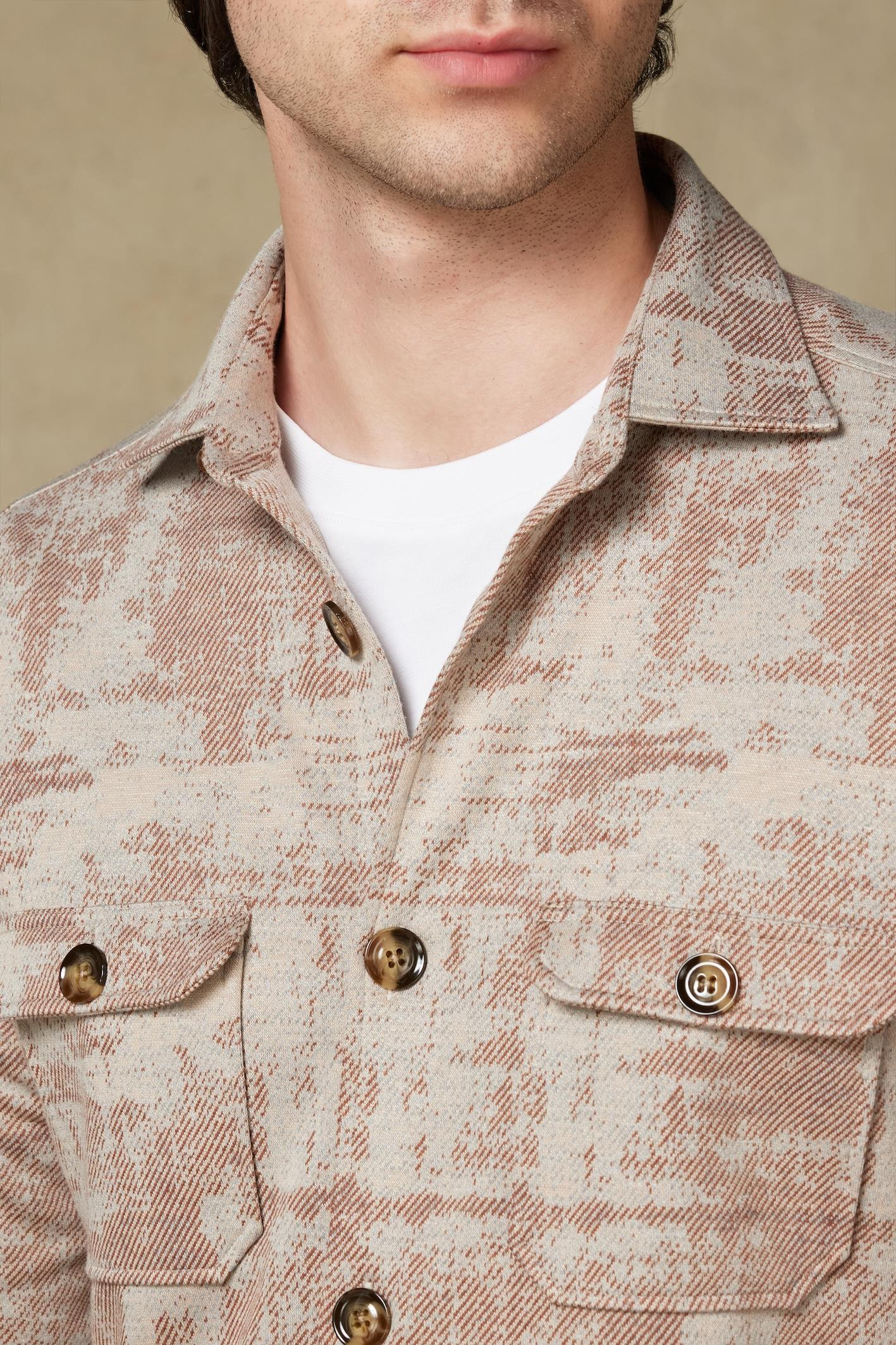 Abbate Legend Örme Kumaş Viskon Karışımlı Overshirt Fit Bej Klasik Yaka Erkek Desenli Overshirt