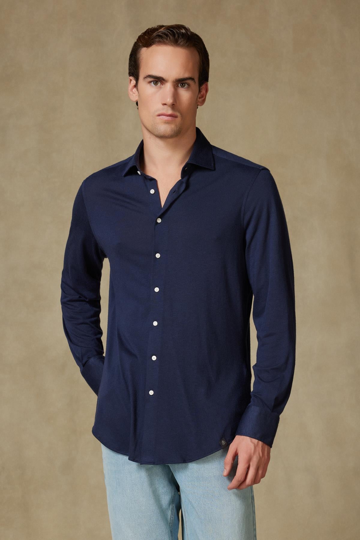 Abbate Lorenzo Jersey Viskon Karışımlı Comfort Fit Lacivert Klasik Yaka Erkek Düz Gömlek