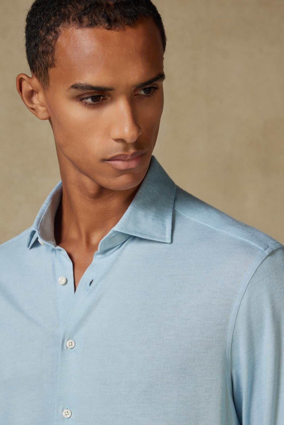 Abbate Lorenzo Jersey Viskon Karışımlı Comfort Fit Mavi Klasik Yaka Erkek Düz Gömlek