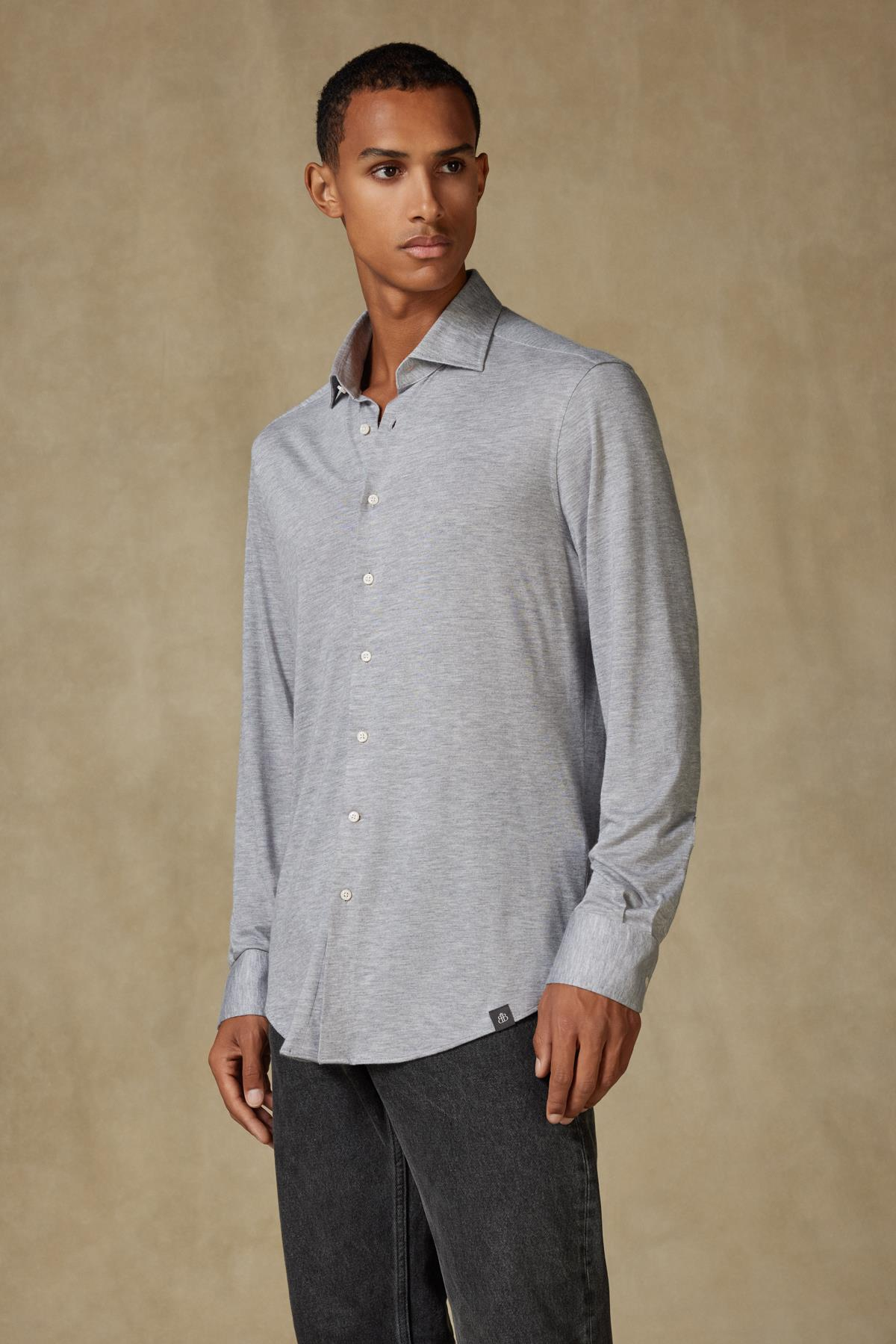 Abbate Lorenzo Jersey Viskon Karışımlı Comfort Fit Gri Klasik Yaka Erkek Düz Gömlek