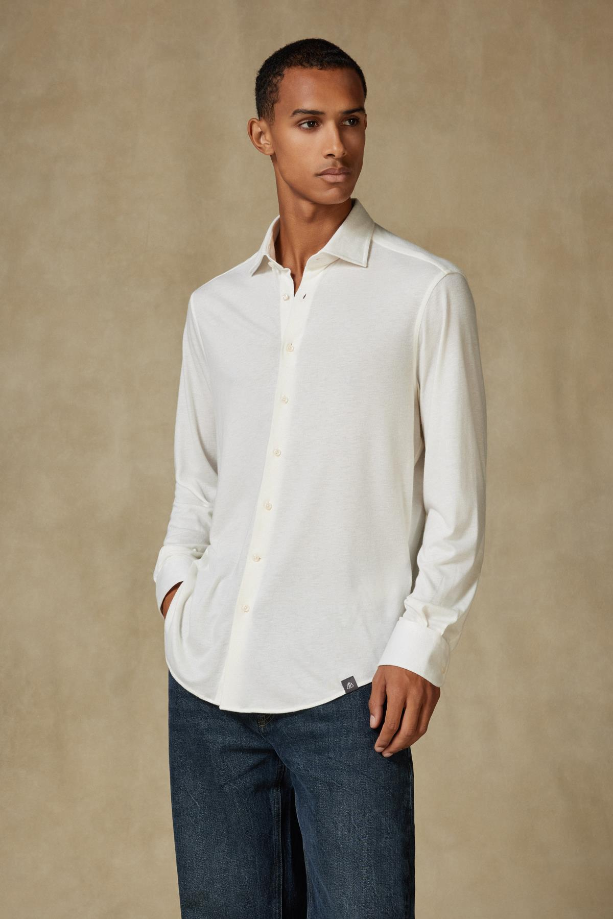 Abbate Lorenzo Jersey Viskon Karışımlı Comfort Fit Ekru Klasik Yaka Erkek Düz Gömlek