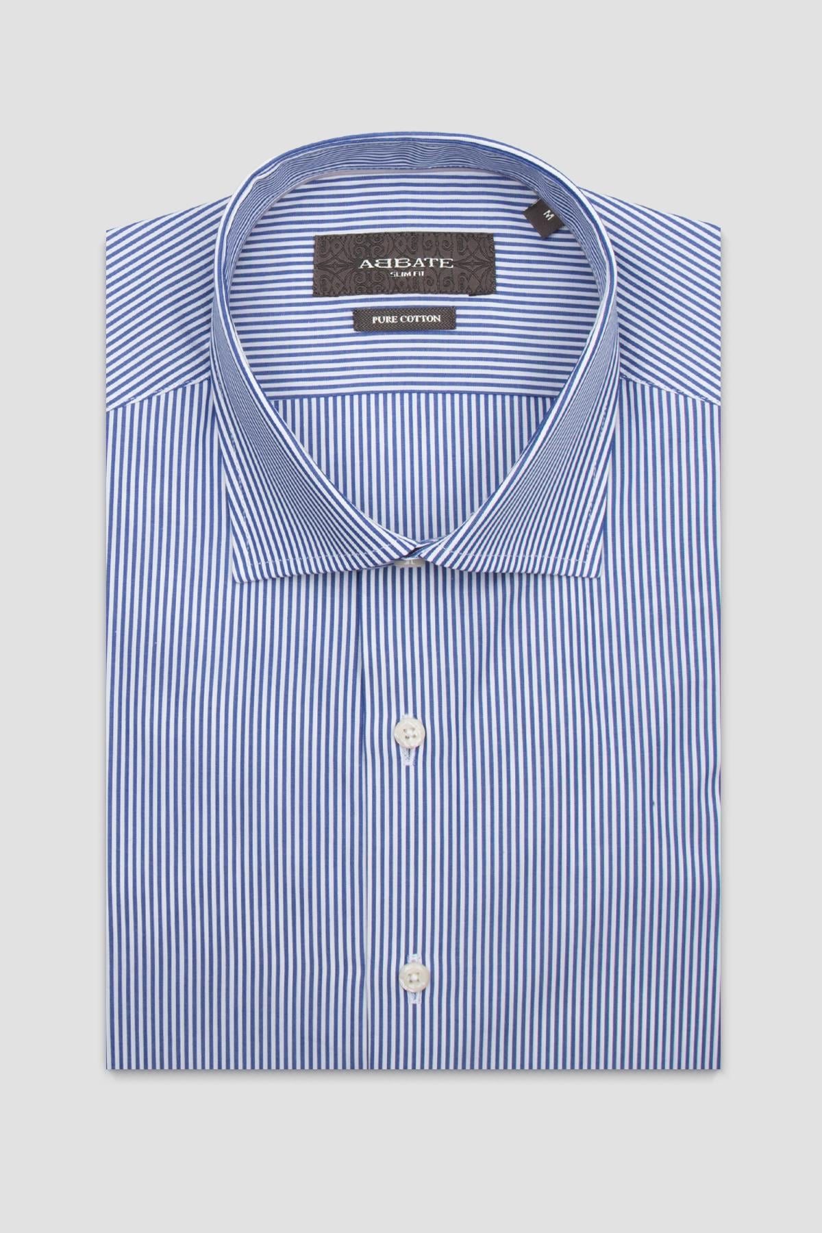 Abbate Marco Poplin Pamuklu Slim Fit Lacivert Klasik Yaka Erkek Çizgili Gömlek