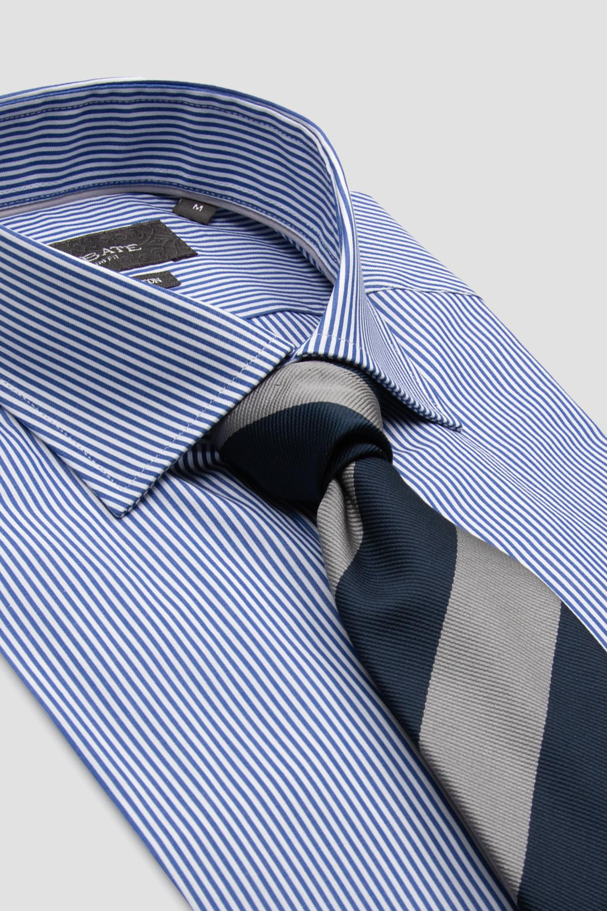 Abbate Marco Poplin Pamuklu Slim Fit Lacivert Klasik Yaka Erkek Çizgili Gömlek