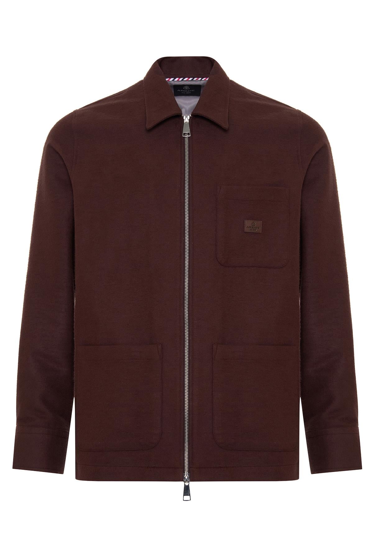 Abbate Monza Flanel Pamuklu Overshirt Fit Kahverengi Klasik Yaka Erkek Düz Overshirt