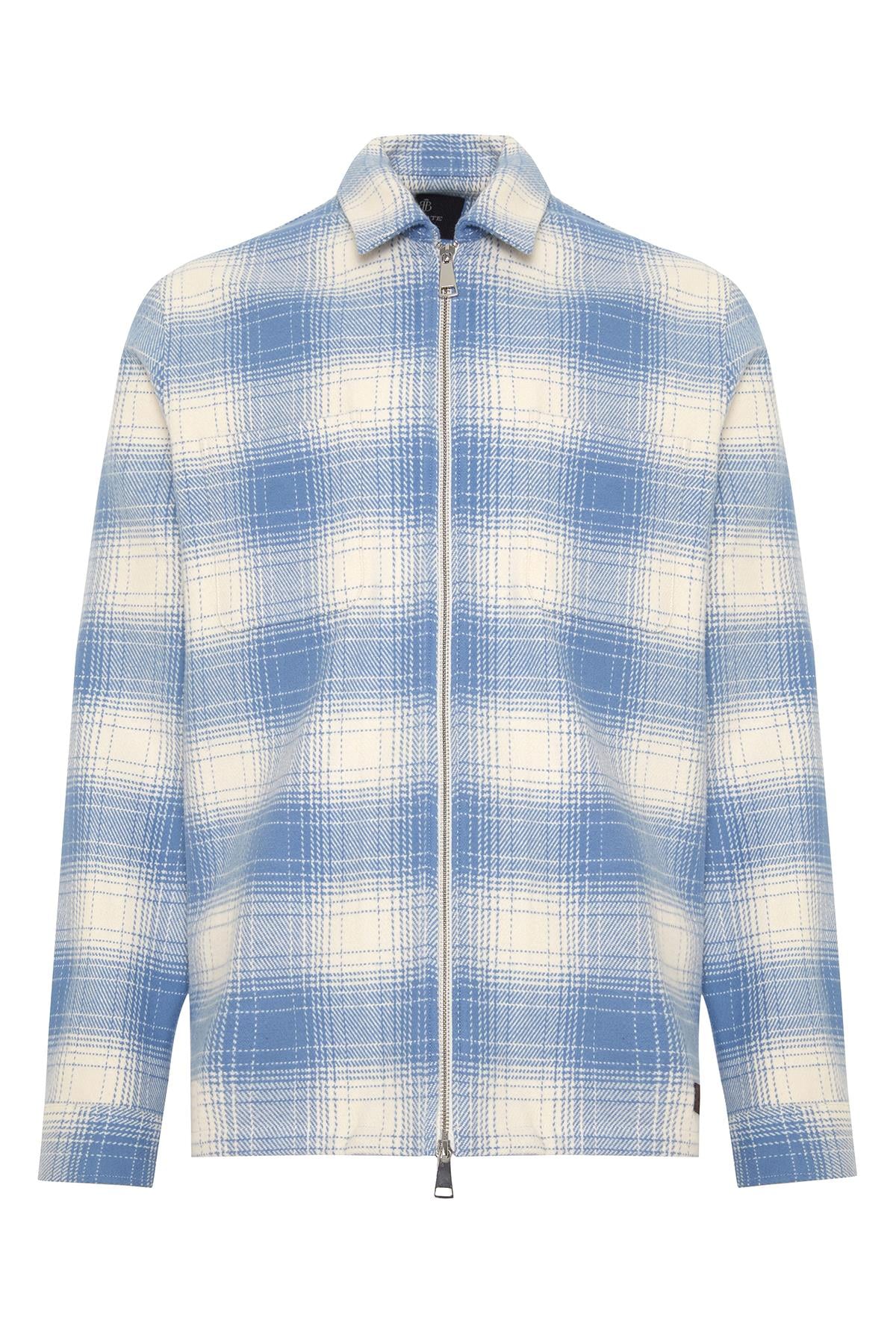 Abbate Prato Flanel Pamuklu Overshirt Fit Mavi Klasik Yaka Erkek Ekoseli Overshirt
