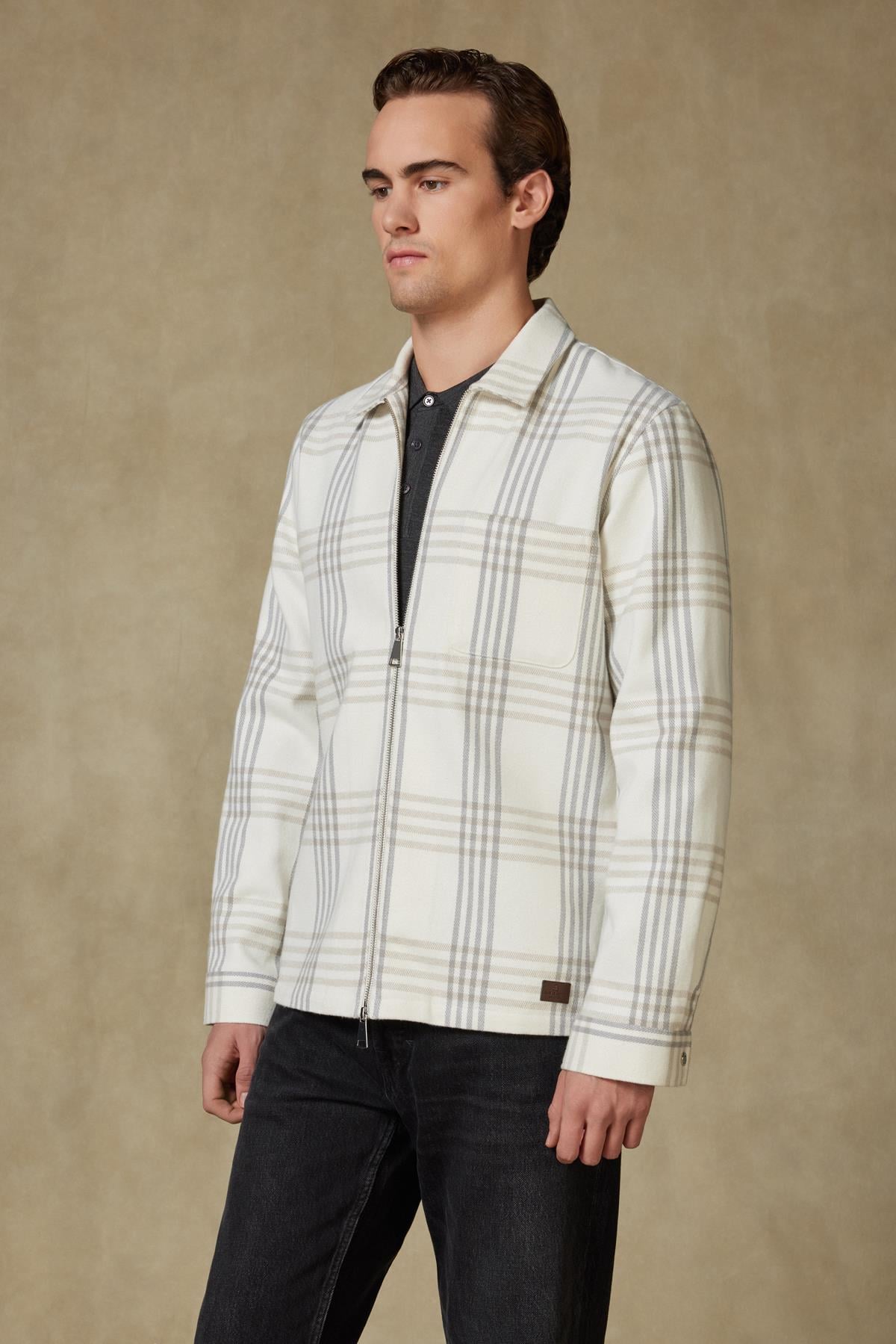 Abbate Prato Flanel Pamuklu Overshirt Fit Ekru Klasik Yaka Erkek Ekoseli Overshirt