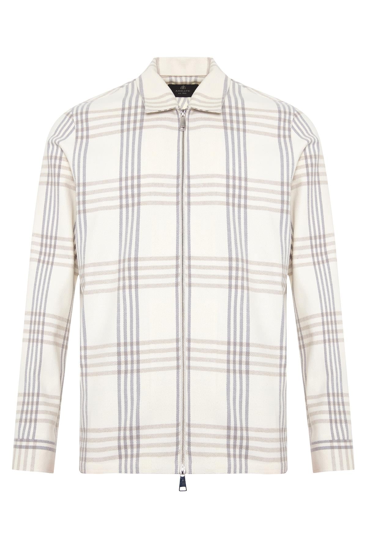Abbate Prato Flanel Pamuklu Overshirt Fit Ekru Klasik Yaka Erkek Ekoseli Overshirt