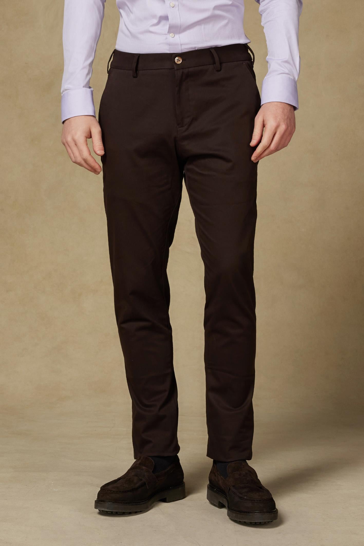 Abbate Prime Chino Poplin Stretch Pamuk Karışımlı Modern Fit Kahverengi Erkek Düz Pantolon