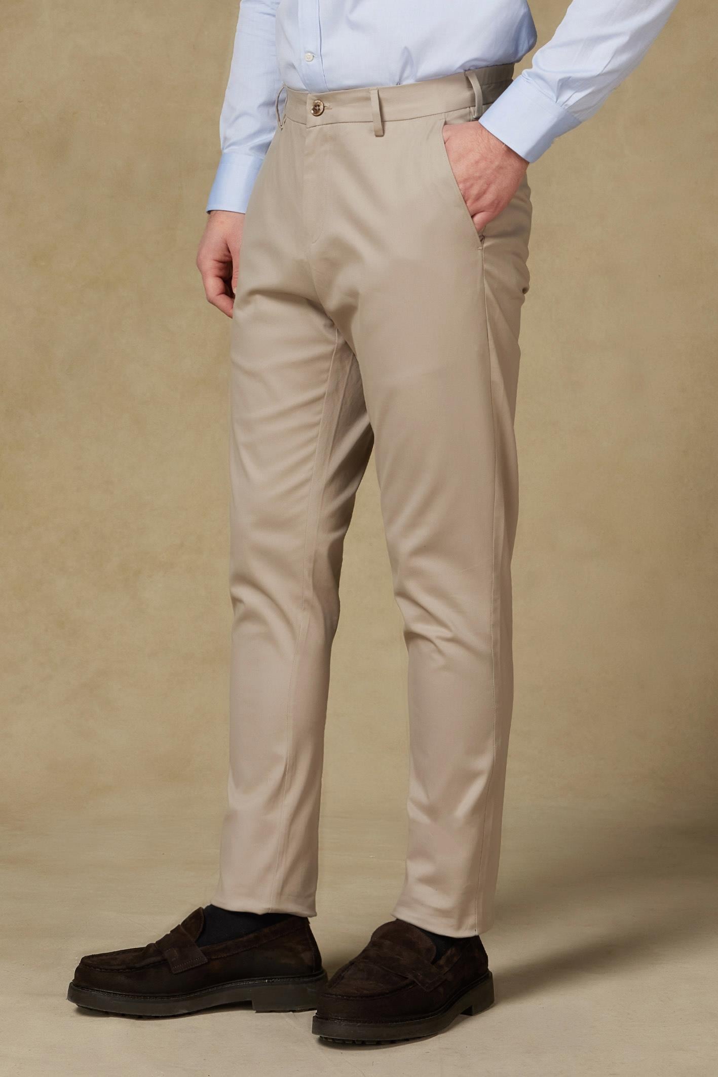 Abbate Prime Chino Poplin Stretch Pamuk Karışımlı Modern Fit Bej Erkek Düz Pantolon