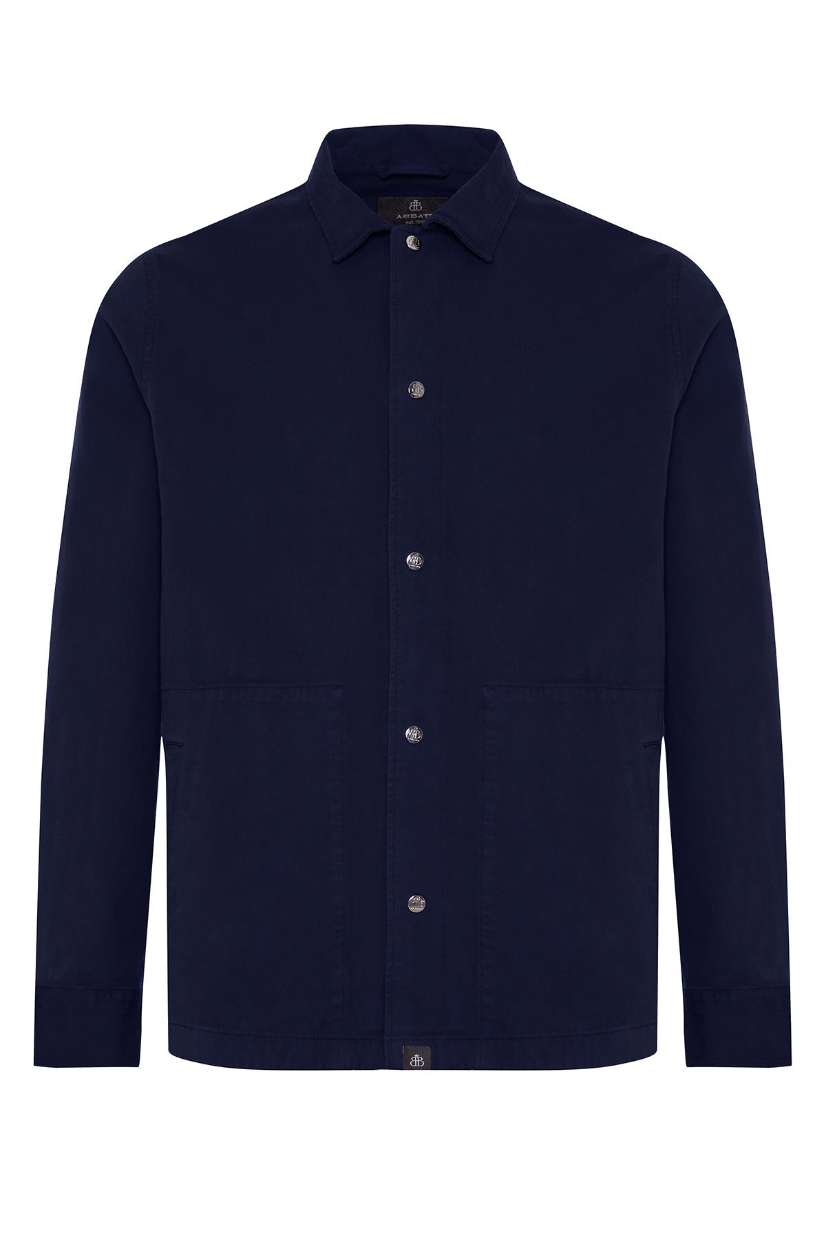 Abbate Renato Dokuma Polyamid Karışımlı Overshirt Fit Lacivert Klasik Yaka Erkek Düz Overshirt