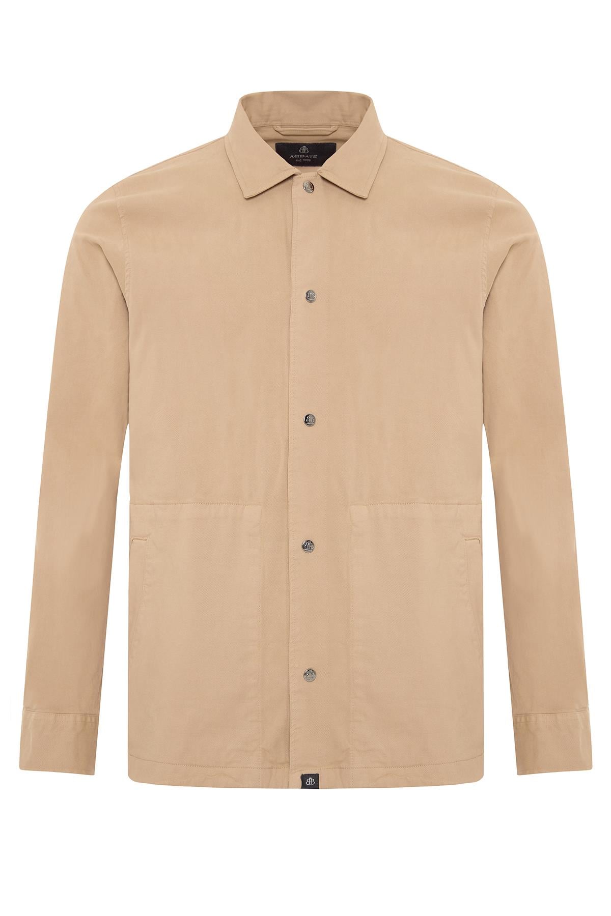 Abbate Renato Dokuma Polyamid Karışımlı Overshirt Fit Bej Klasik Yaka Erkek Düz Overshirt