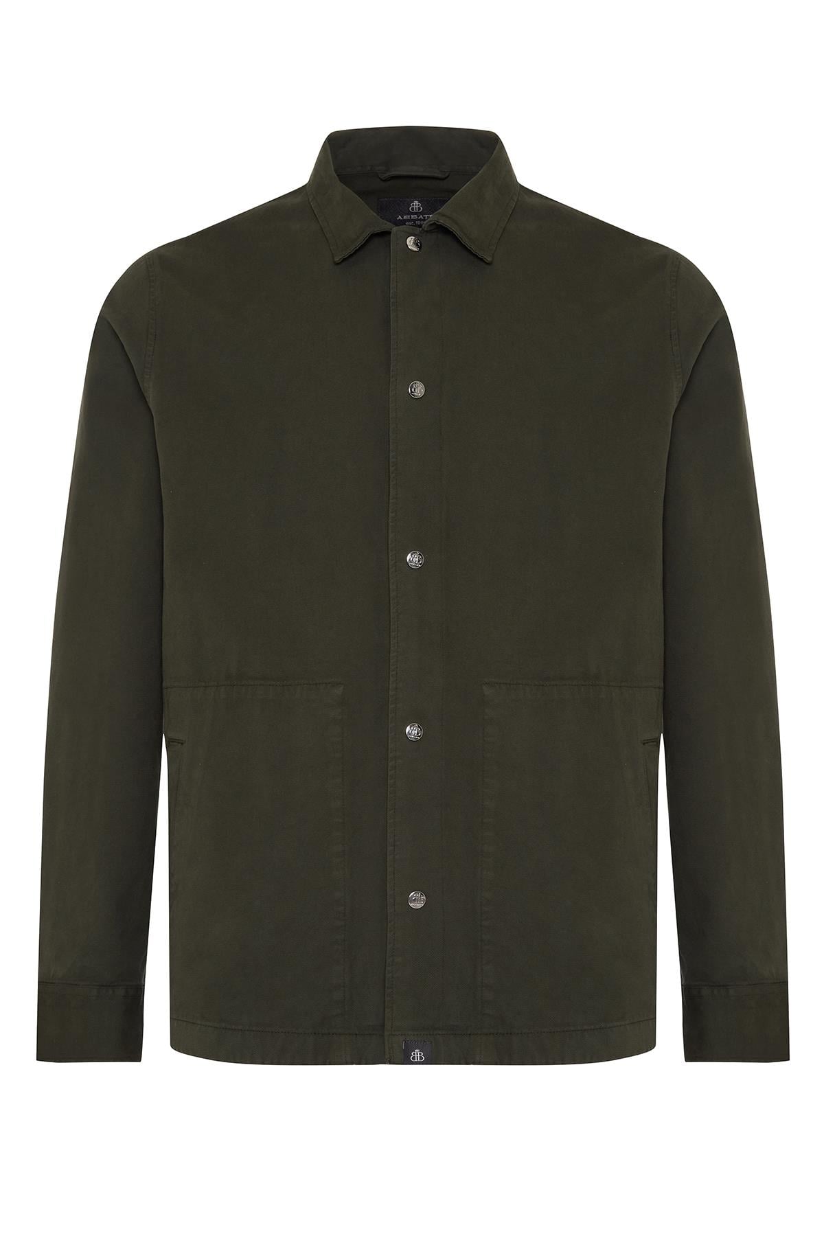 Abbate Renato Dokuma Polyamid Karışımlı Overshirt Fit Haki Klasik Yaka Erkek Düz Overshirt