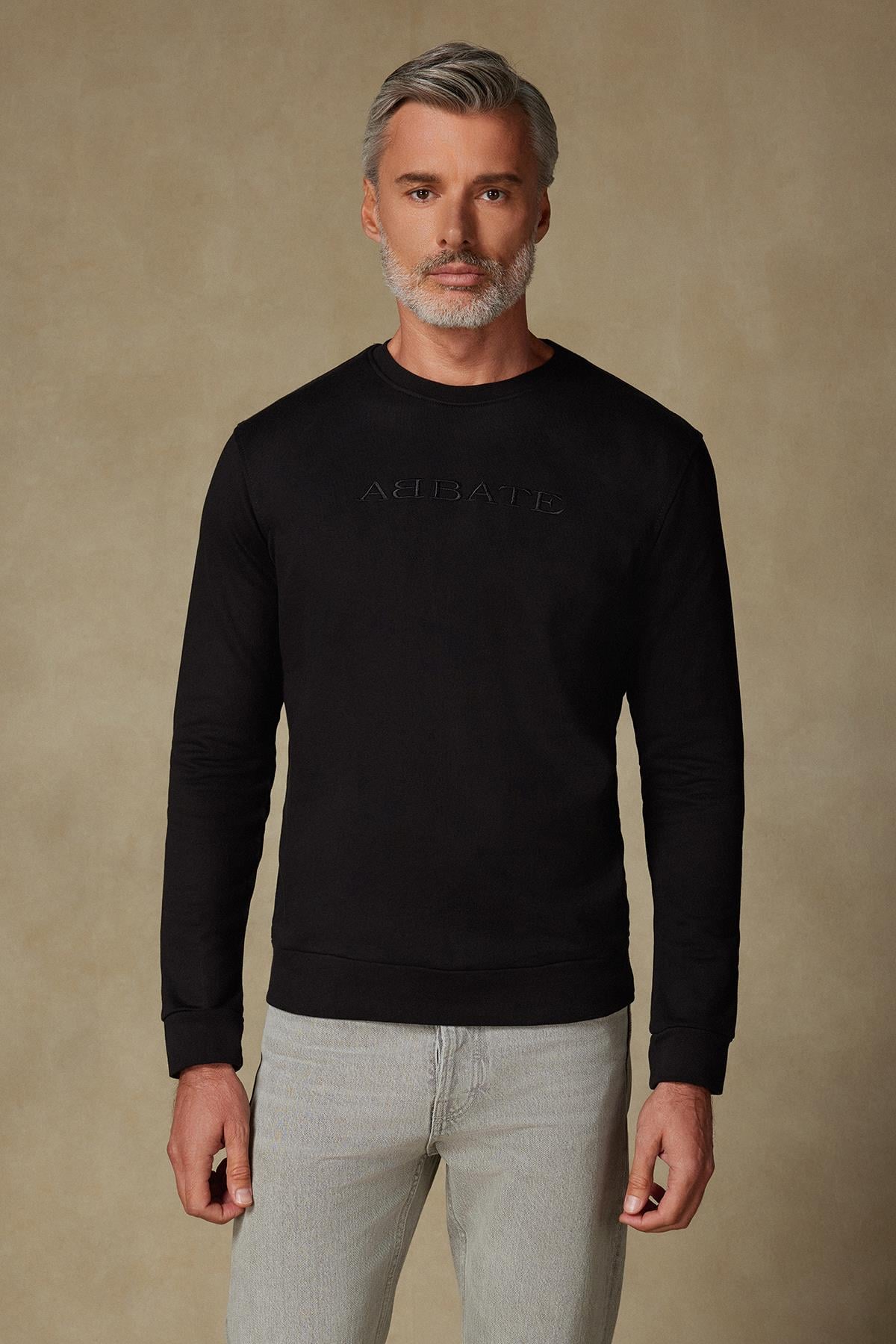 Abbate Sweatshirt Örme Kumaş Pamuklu Comfort Fit Siyah Bisiklet Yaka Erkek Nakışlı Sweatshirt