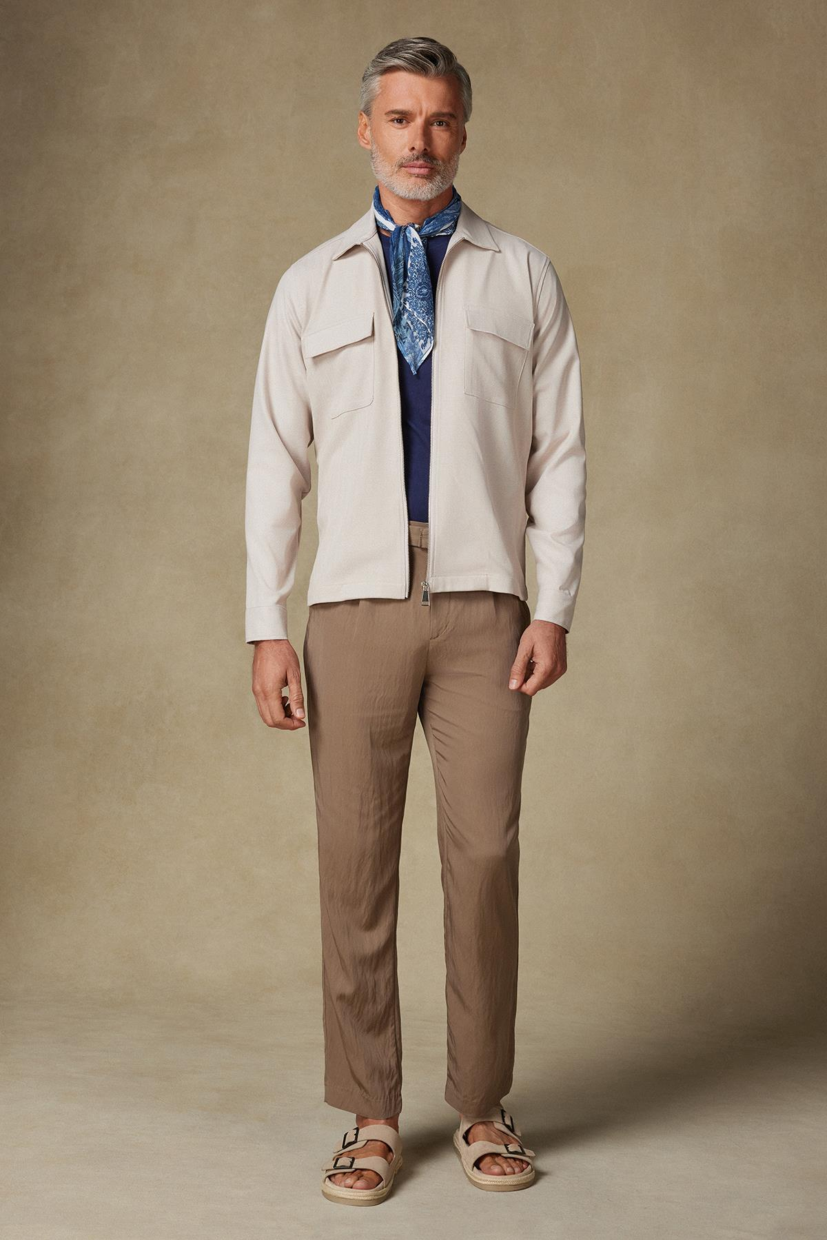Abbate Verso Twill Overshirt Polyviskon Karışımlı Overshirt Fit Bej Klasik Yaka Erkek Çizgili Gömlek