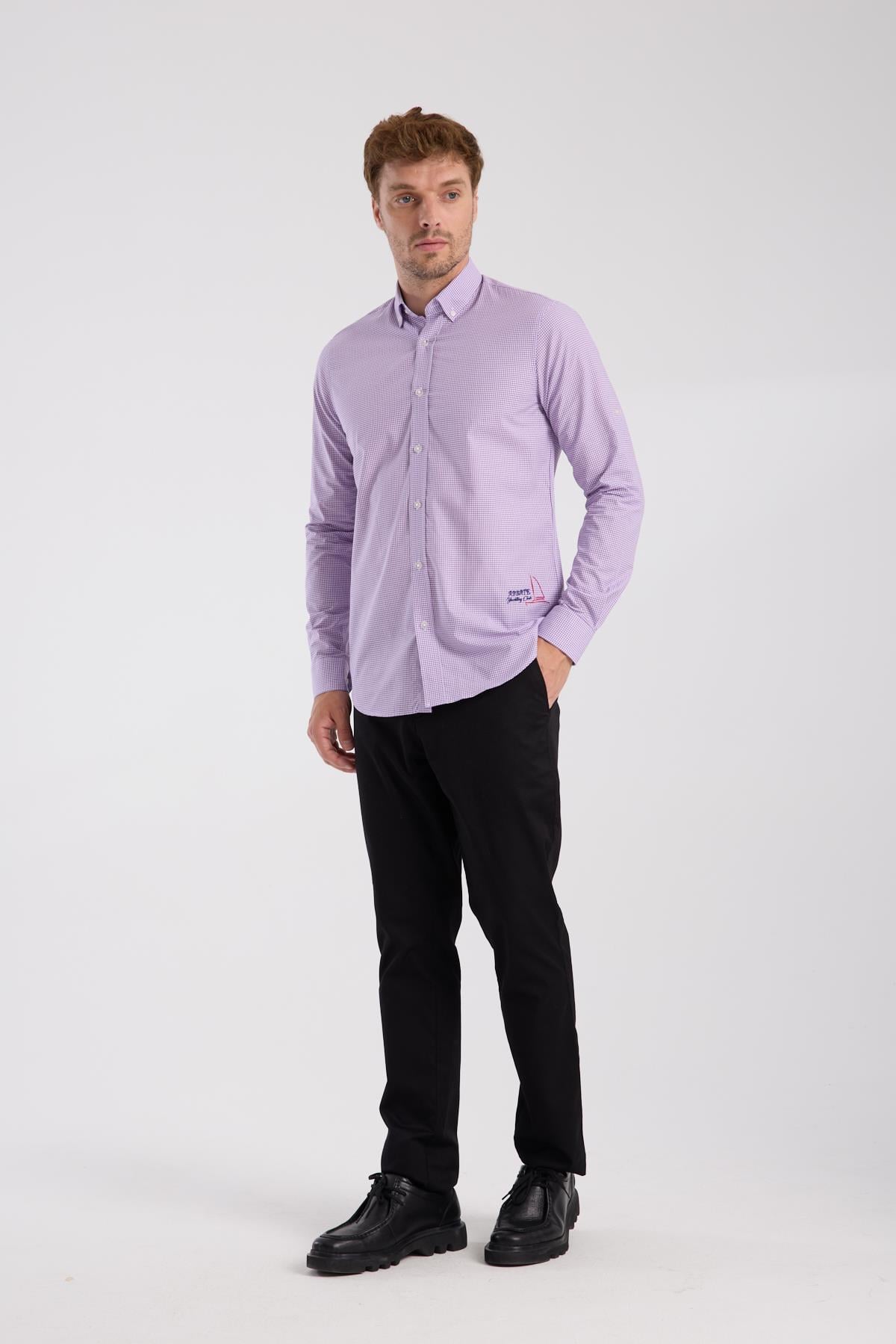 AClub AC10073 Poplin Pamuklu Slim Fit Mor Düğmeli Yaka Erkek Kareli Gömlek