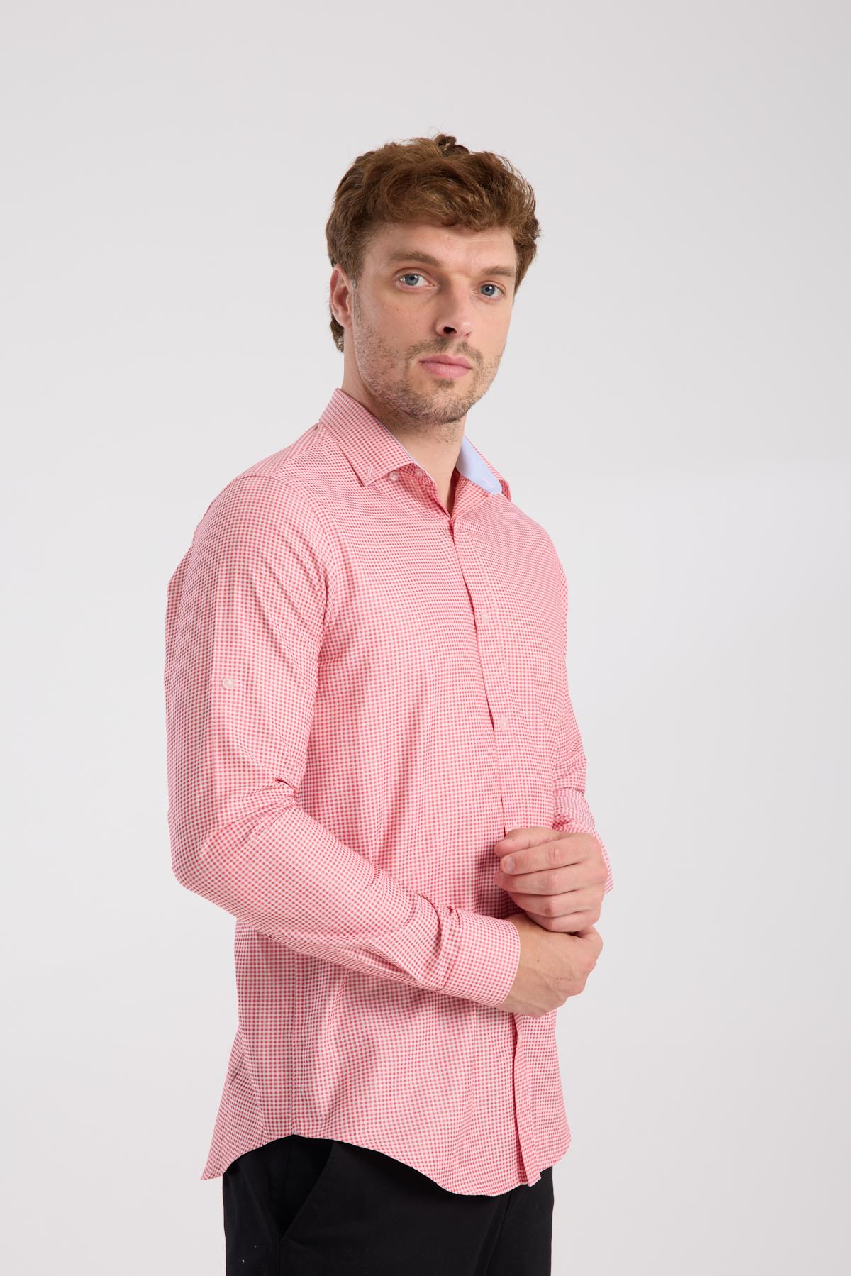 AClub AC10073 Poplin Pamuklu Slim Fit Kırmızı Düğmeli Yaka Erkek Kareli Gömlek