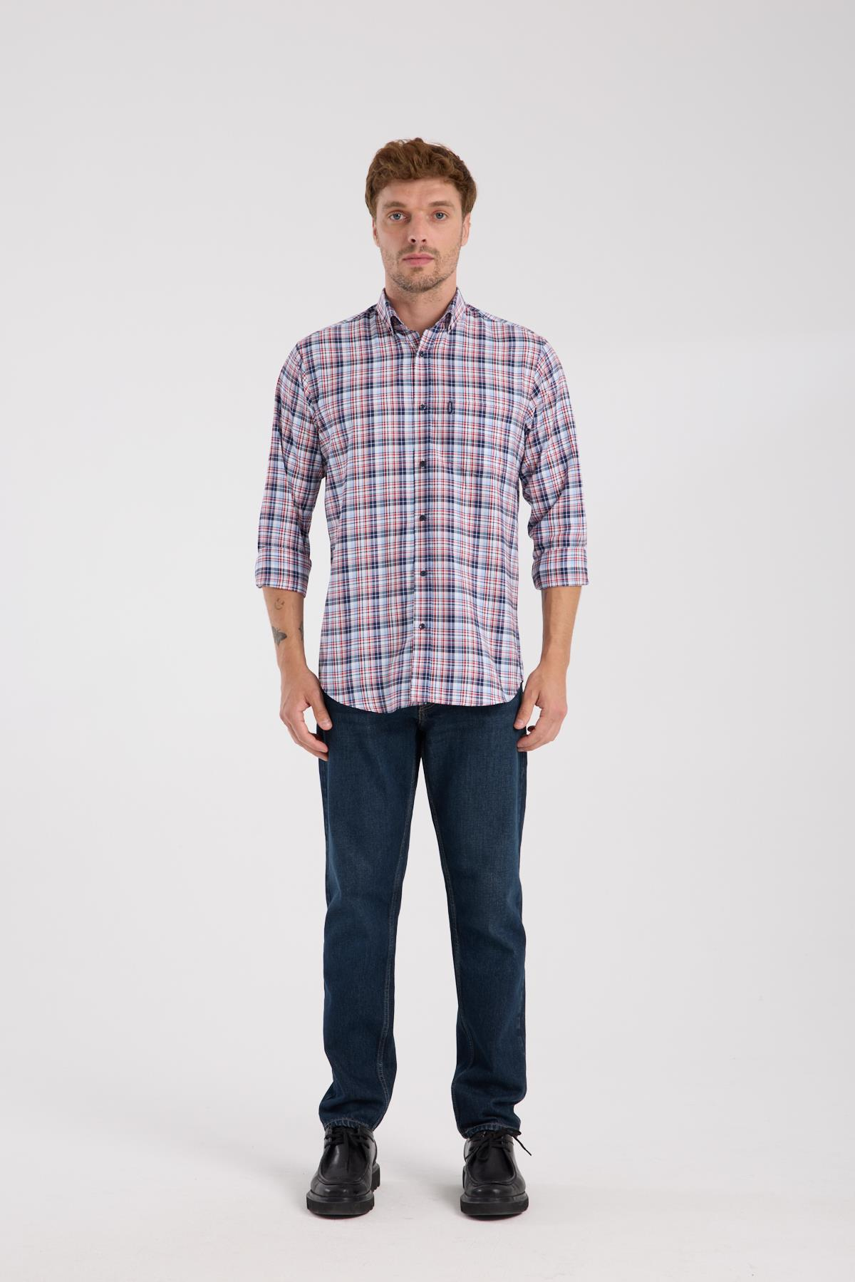 AClub AC10084 Poplin Pamuklu Regular Fit Kırmızı Düğmeli Yaka Erkek Kareli Gömlek