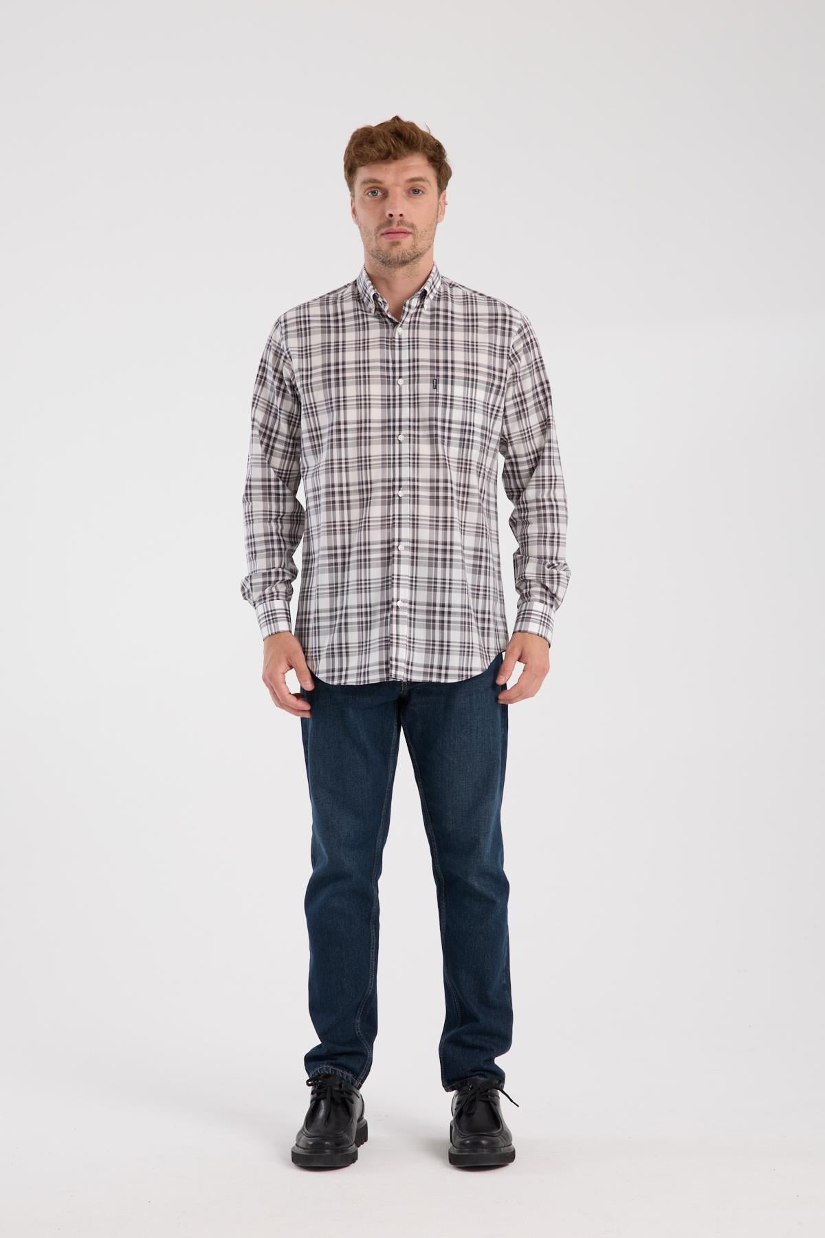 AClub AC10084 Poplin Pamuklu Regular Fit Gri Düğmeli Yaka Erkek Kareli Gömlek
