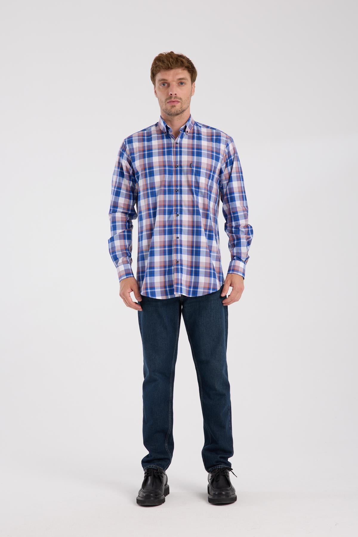 AClub AC10085 Poplin Pamuklu Regular Fit Lacivert Düğmeli Yaka Erkek Kareli Gömlek