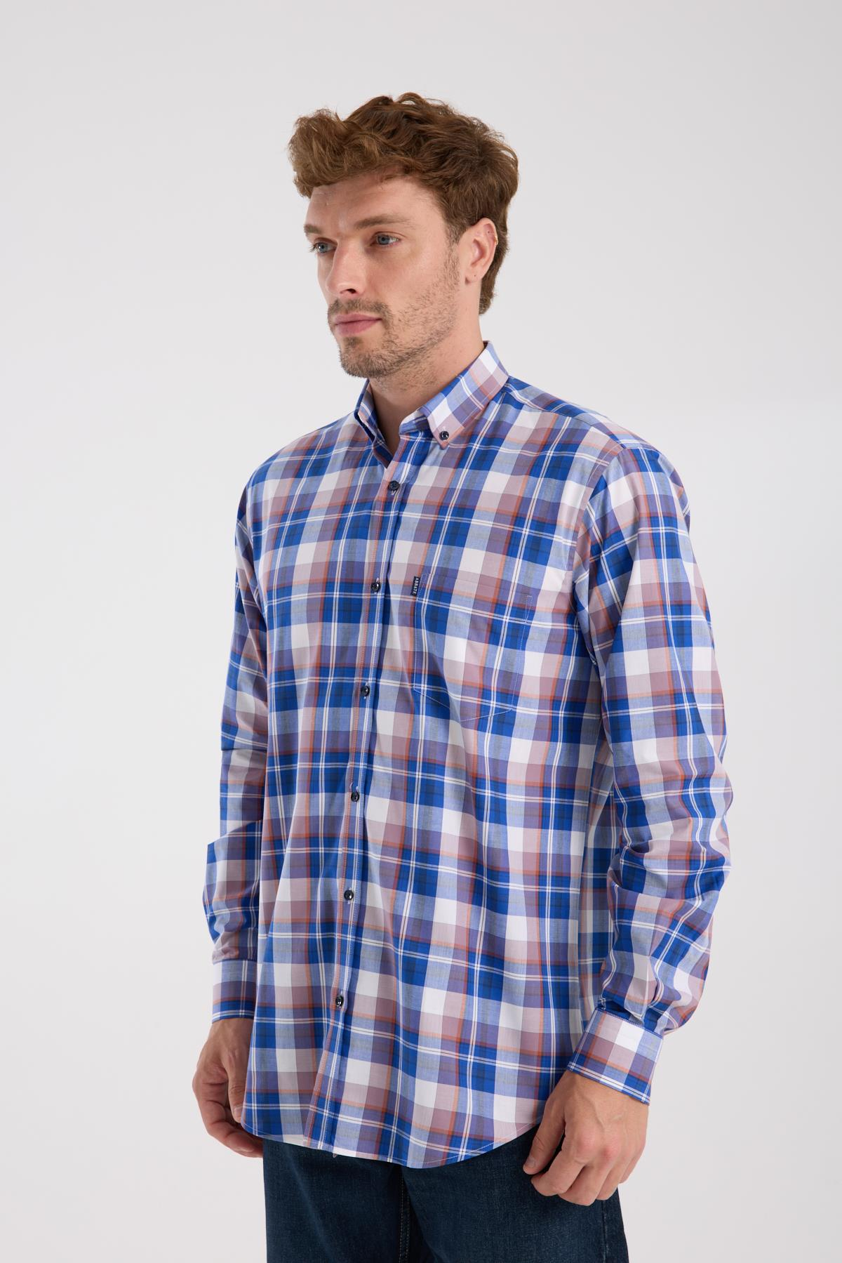 AClub AC10085 Poplin Pamuklu Regular Fit Lacivert Düğmeli Yaka Erkek Kareli Gömlek