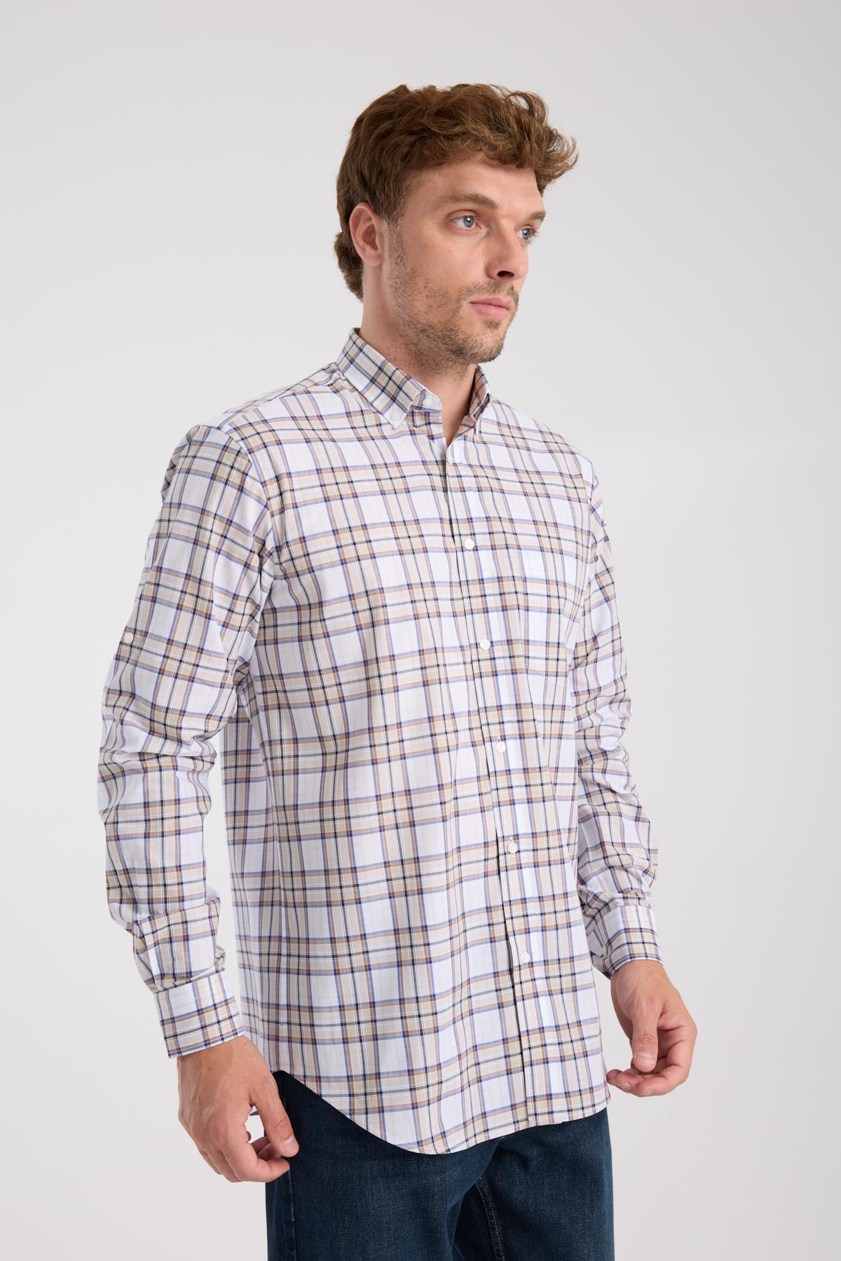 AClub AC10086 Poplin Pamuklu Regular Fit Kahverengi Düğmeli Yaka Erkek Kareli Gömlek