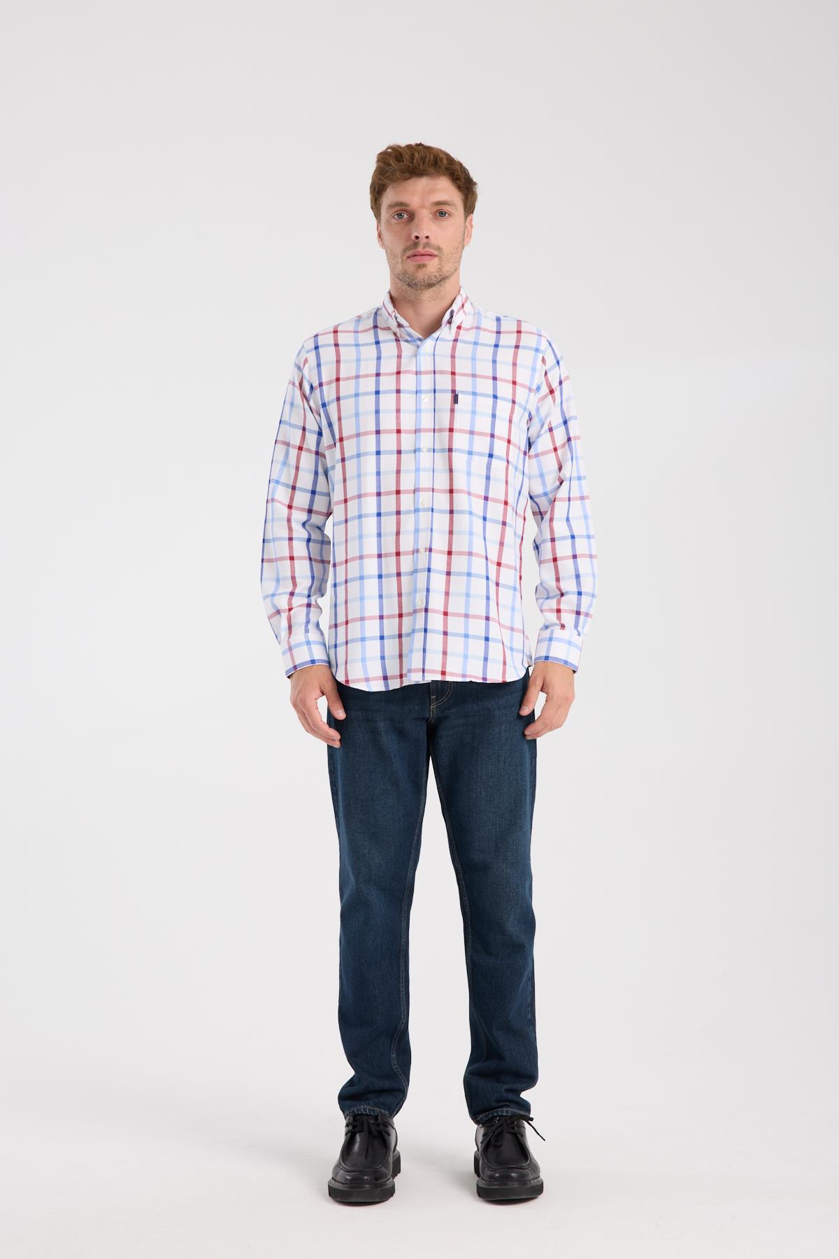 AClub AC10089 Oxford Pamuk Karışımlı Regular Fit Kırmızı Düğmeli Yaka Erkek Kareli Gömlek