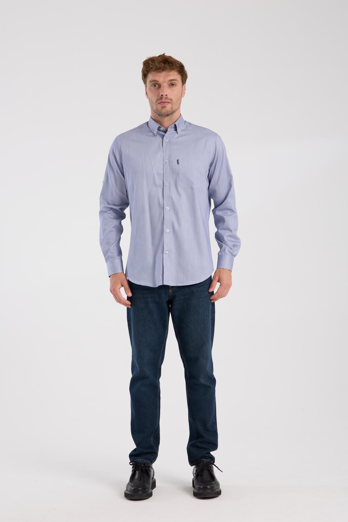 AClub AC10091 Poplin Pamuklu Regular Fit Lacivert Düğmeli Yaka Erkek Düz Gömlek