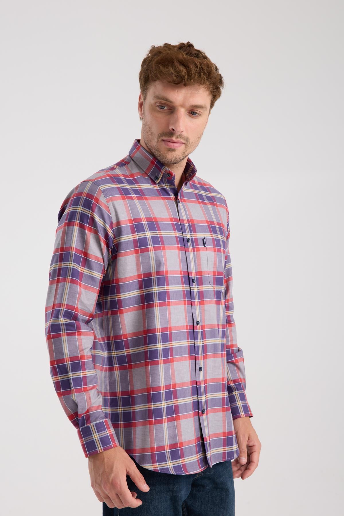 AClub AC10098 Twill Pamuklu Regular Fit Gri Düğmeli Yaka Erkek Kareli Gömlek