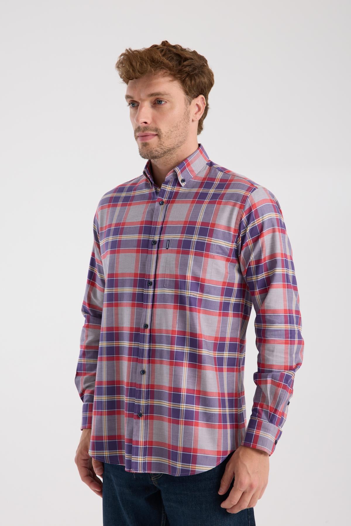 AClub AC10098 Twill Pamuklu Regular Fit Gri Düğmeli Yaka Erkek Kareli Gömlek