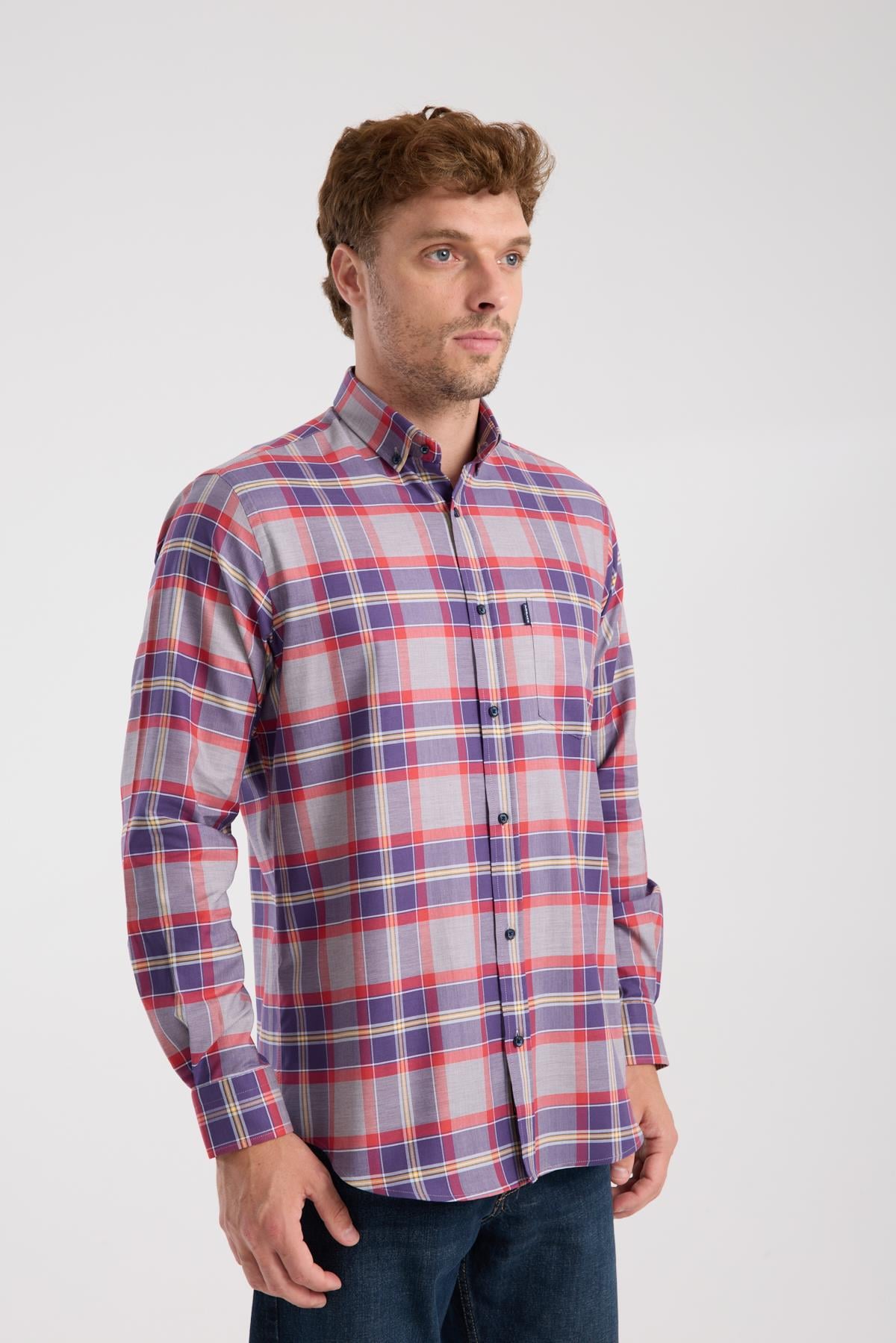 AClub AC10098 Twill Pamuklu Regular Fit Gri Düğmeli Yaka Erkek Kareli Gömlek