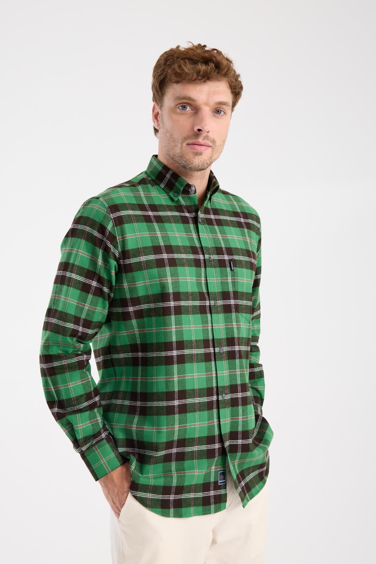 AClub AC10101 Flanel Pamuklu Regular Fit Yeşil Düğmeli Yaka Erkek Kareli Gömlek