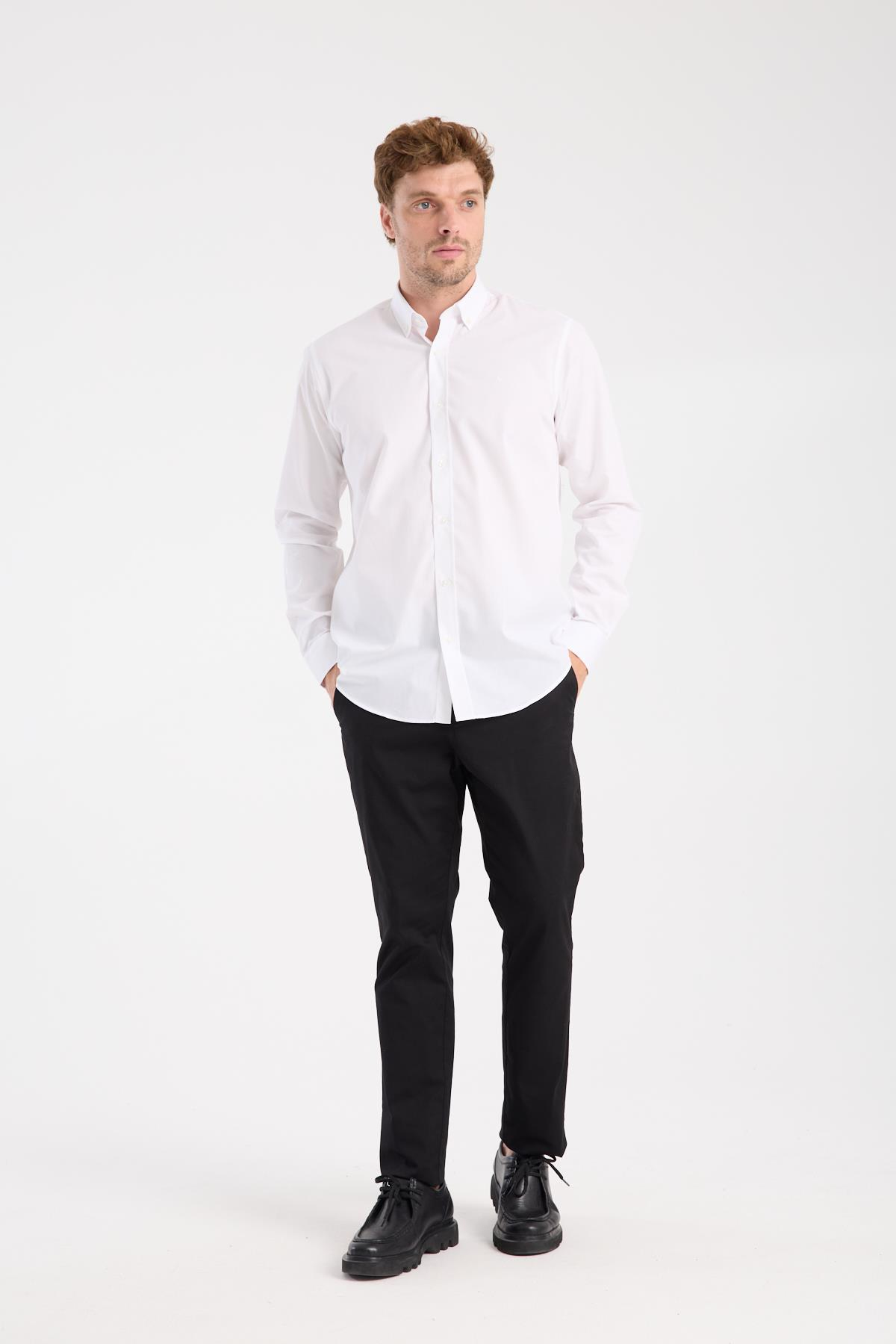 AClub AC10107 Poplin Pamuk Karışımlı Slim Fit Beyaz Düğmeli Yaka Erkek Düz Gömlek