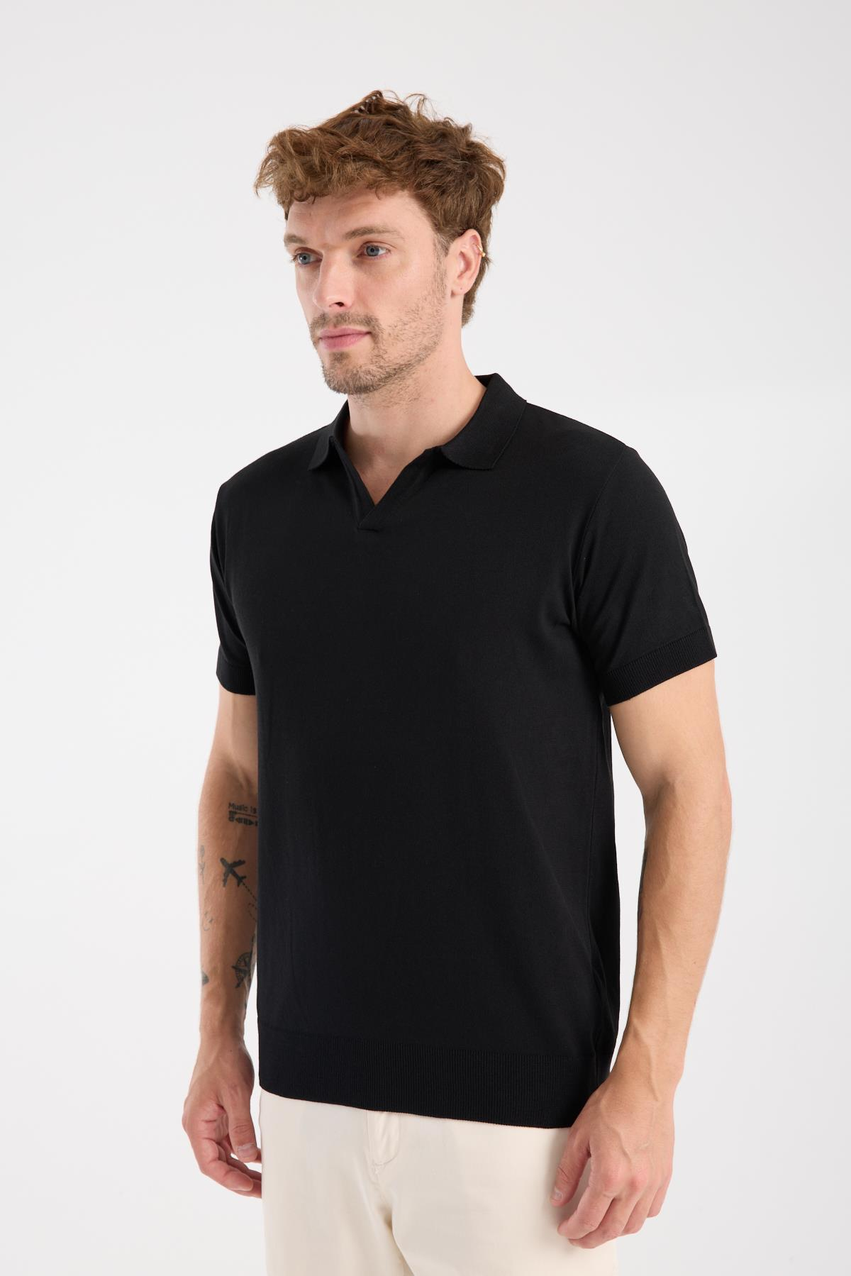 AClub Alfa Örme Kumaş Viskon Karışımlı Slim Fit Siyah Polo Yaka Erkek Düz Polo Shirt