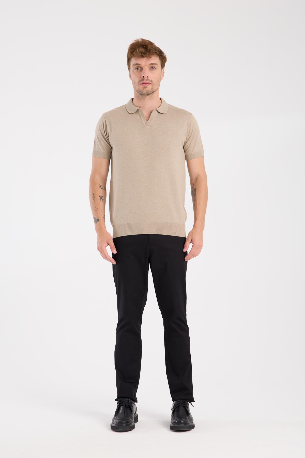 AClub Alfa Örme Kumaş Viskon Karışımlı Slim Fit Vizon Polo Yaka Erkek Düz Polo Shirt