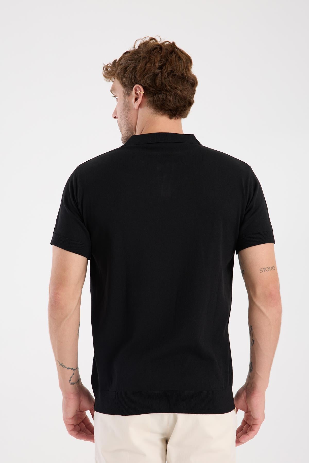 AClub Alfa Örme Kumaş Viskon Karışımlı Slim Fit Siyah Polo Yaka Erkek Düz Polo Shirt