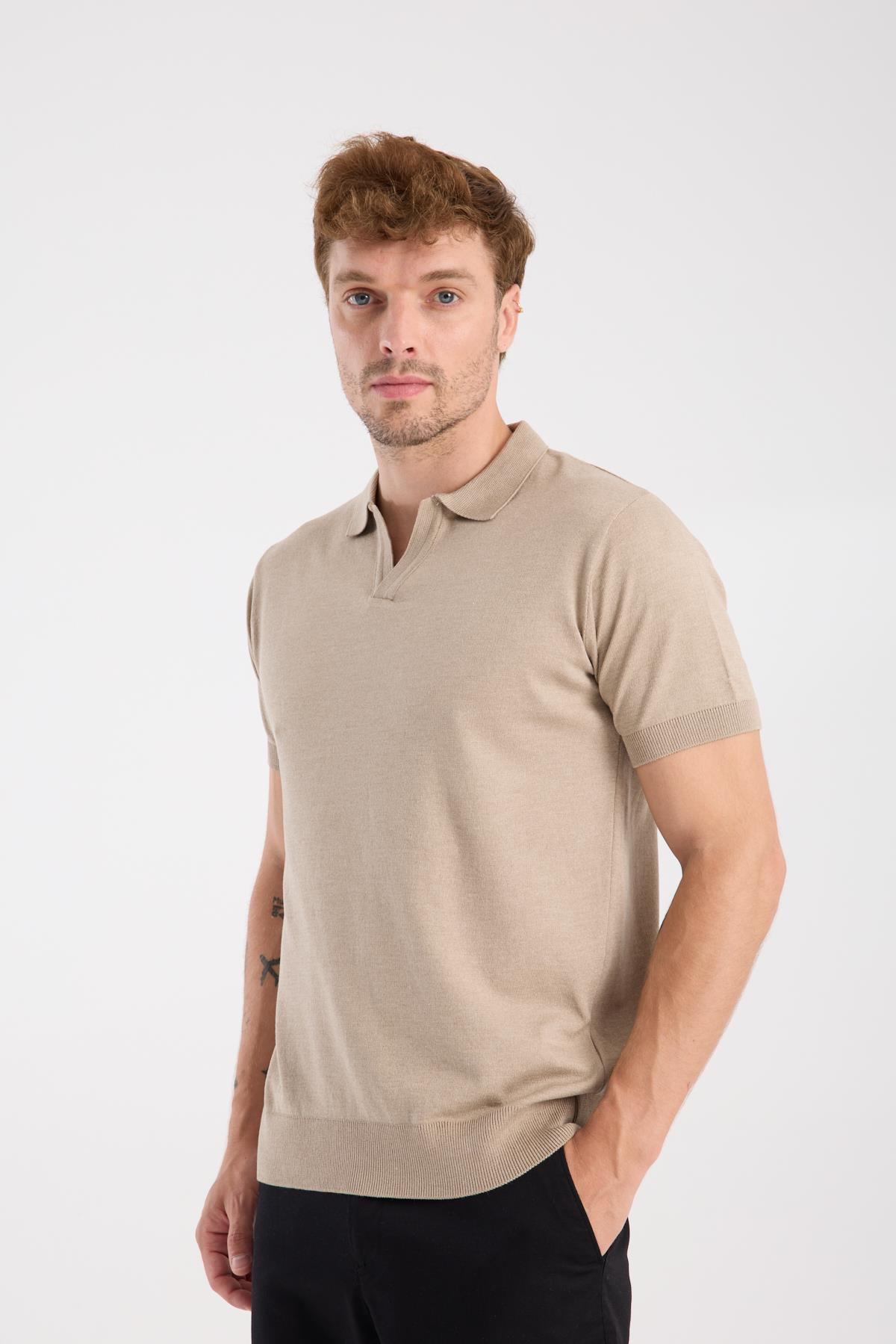 AClub Alfa Örme Kumaş Viskon Karışımlı Slim Fit Vizon Polo Yaka Erkek Düz Polo Shirt