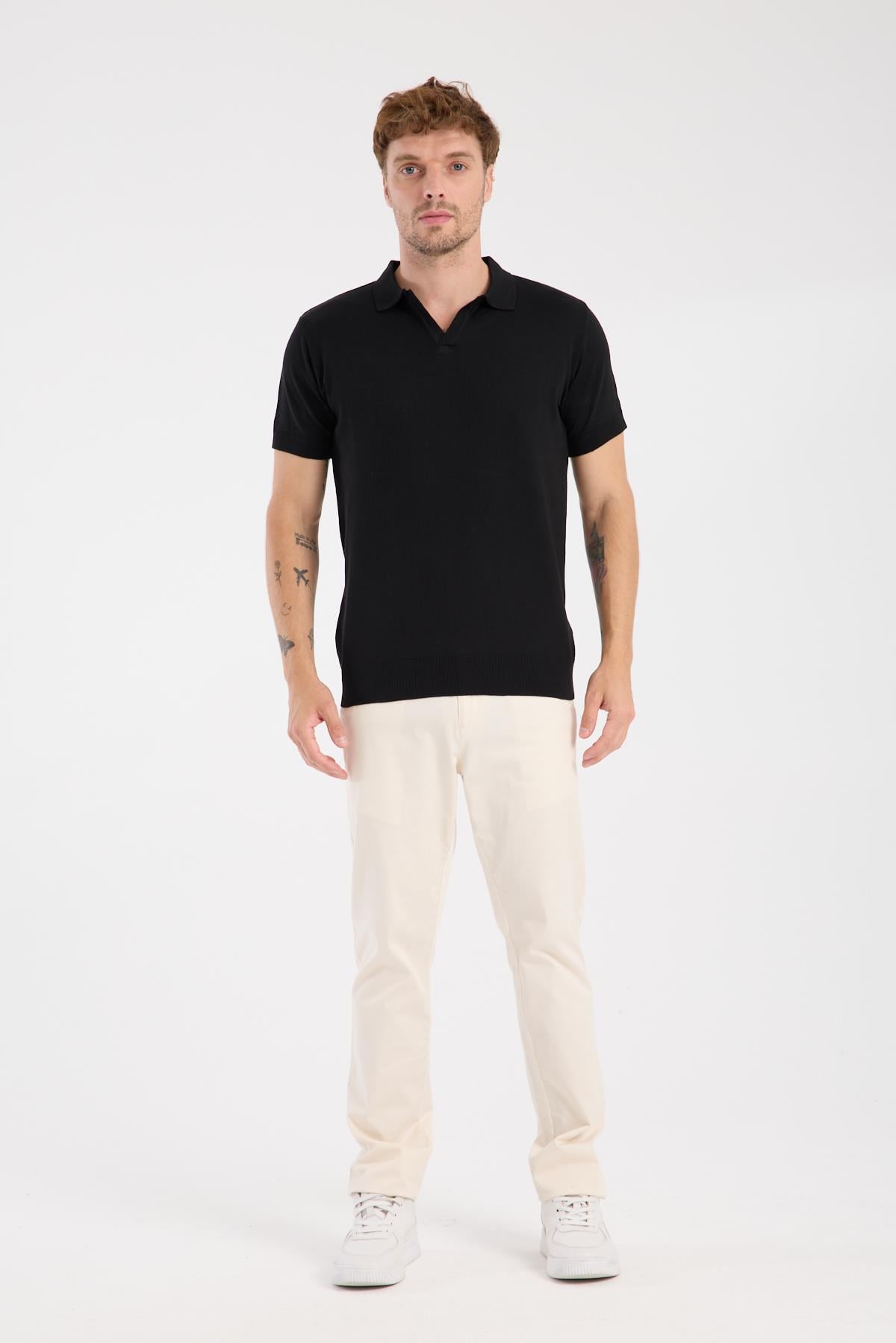 AClub Alfa Örme Kumaş Viskon Karışımlı Slim Fit Siyah Polo Yaka Erkek Düz Polo Shirt