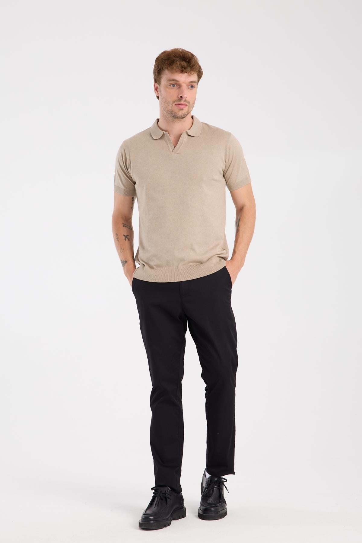 AClub Alfa Örme Kumaş Viskon Karışımlı Slim Fit Vizon Polo Yaka Erkek Düz Polo Shirt