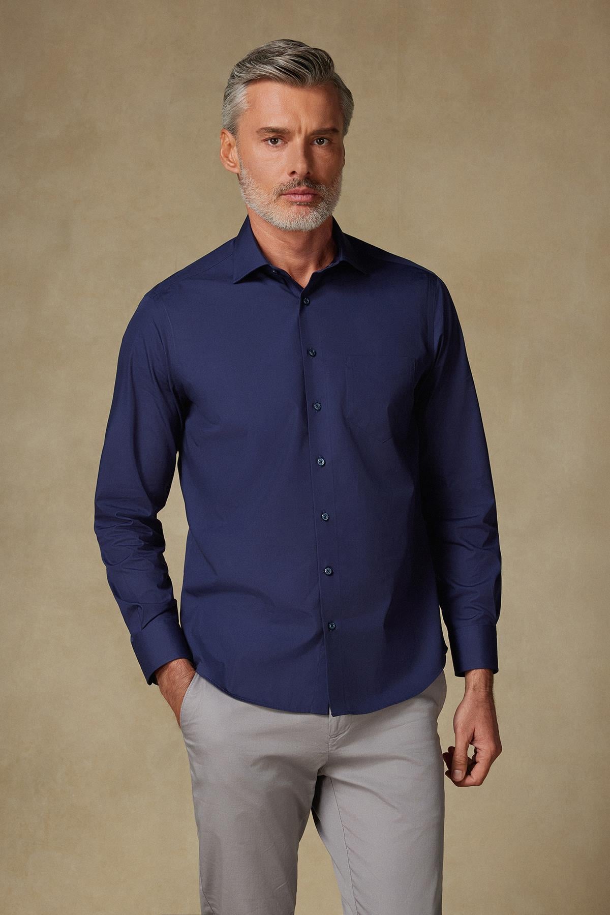 BB Club Lima Poplin Pamuk Polyester Regular Fit Lacivert Klasik Yaka Erkek Düz Gömlek