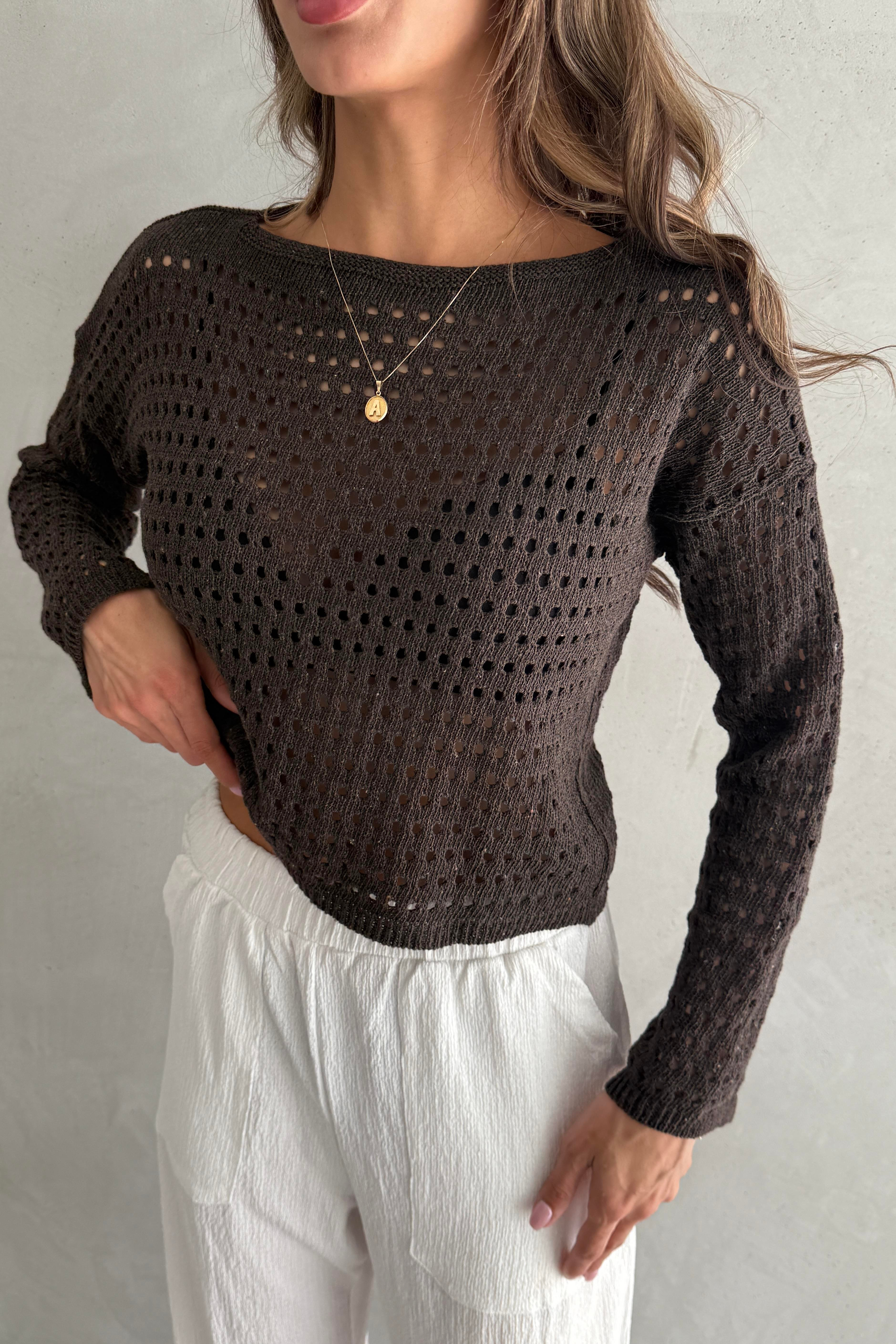 Ajurlu Crop Kahverengi Triko Bluz