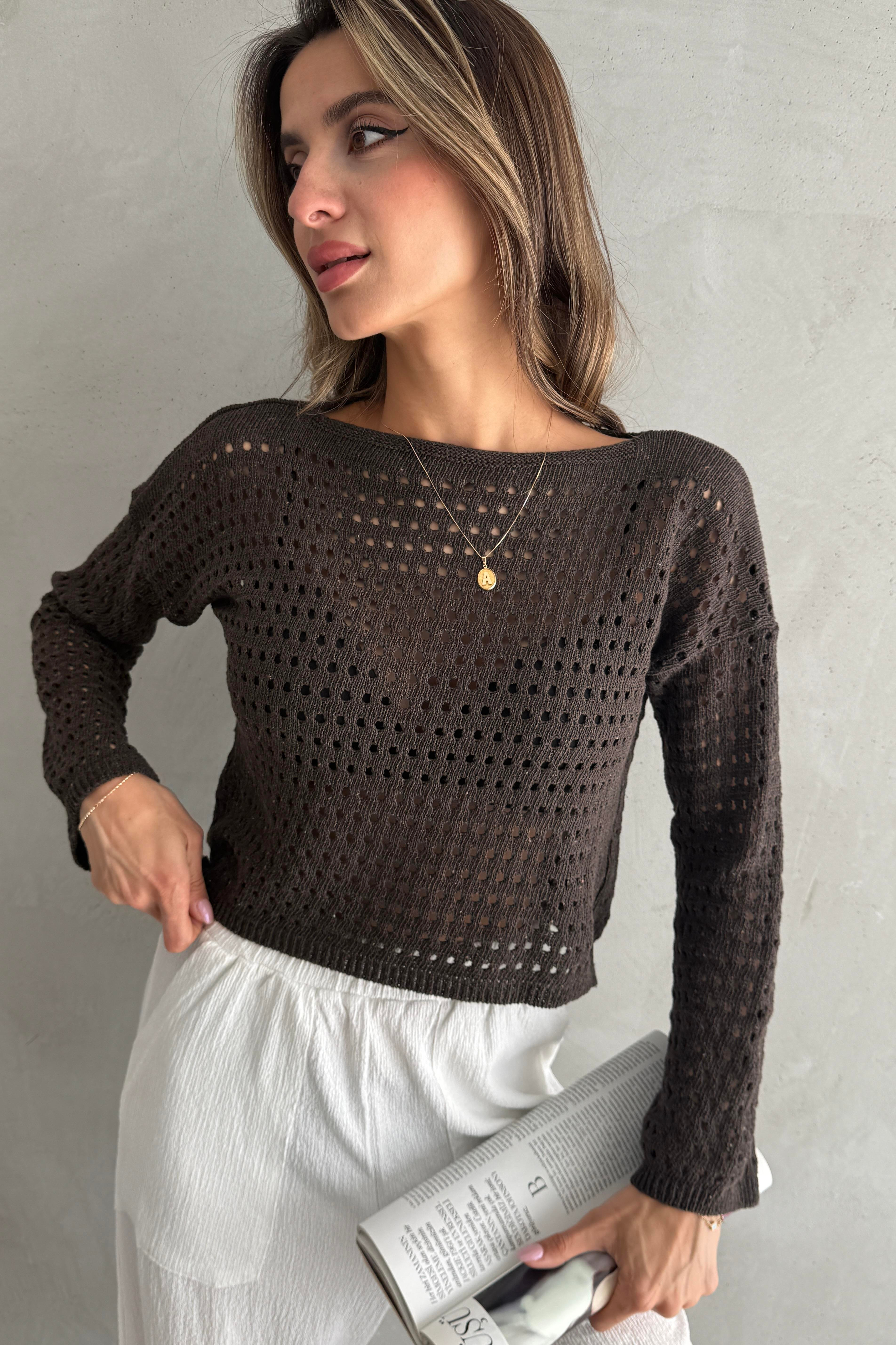 Ajurlu Crop Kahverengi Triko Bluz