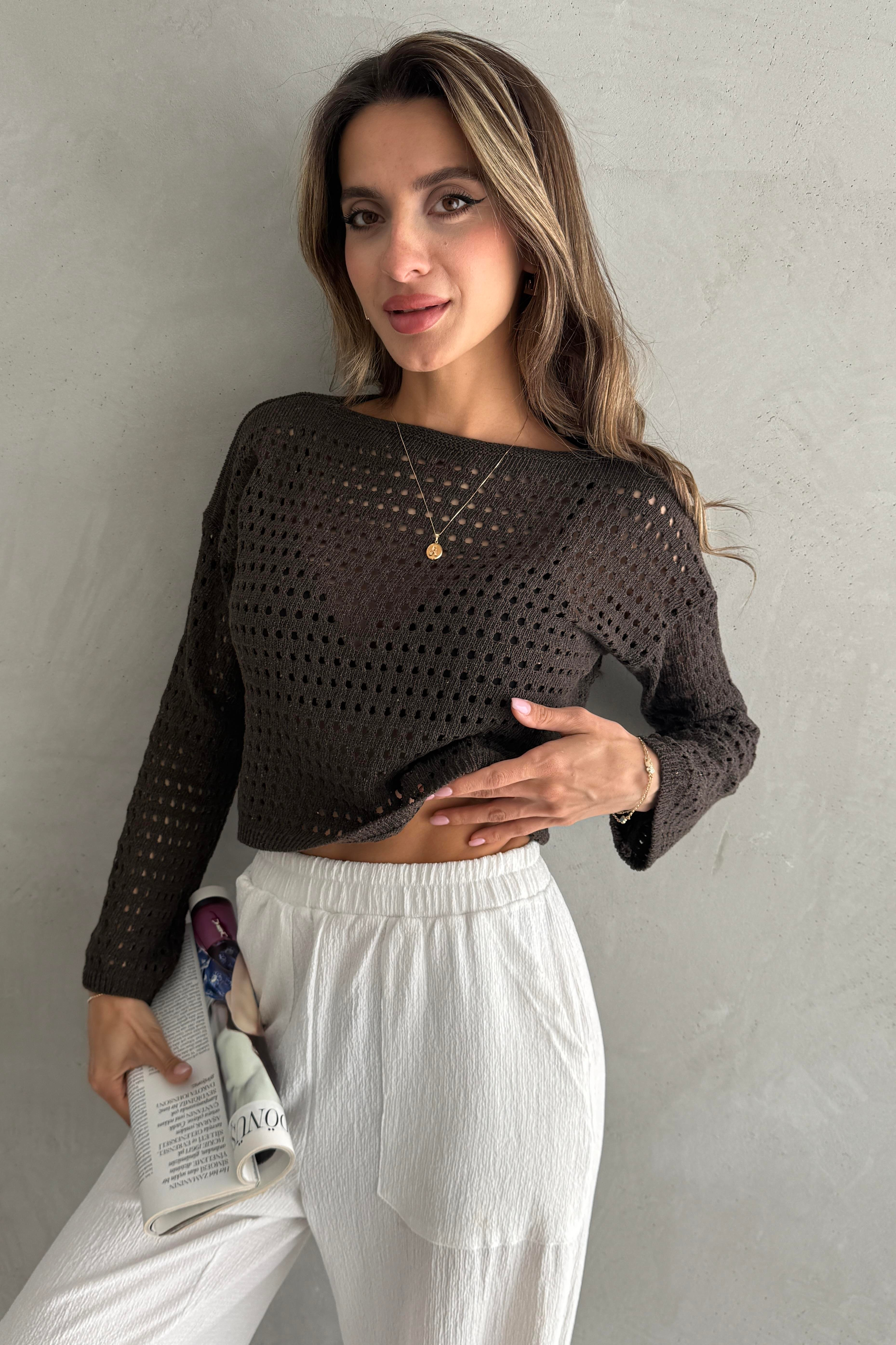 Ajurlu Crop Kahverengi Triko Bluz