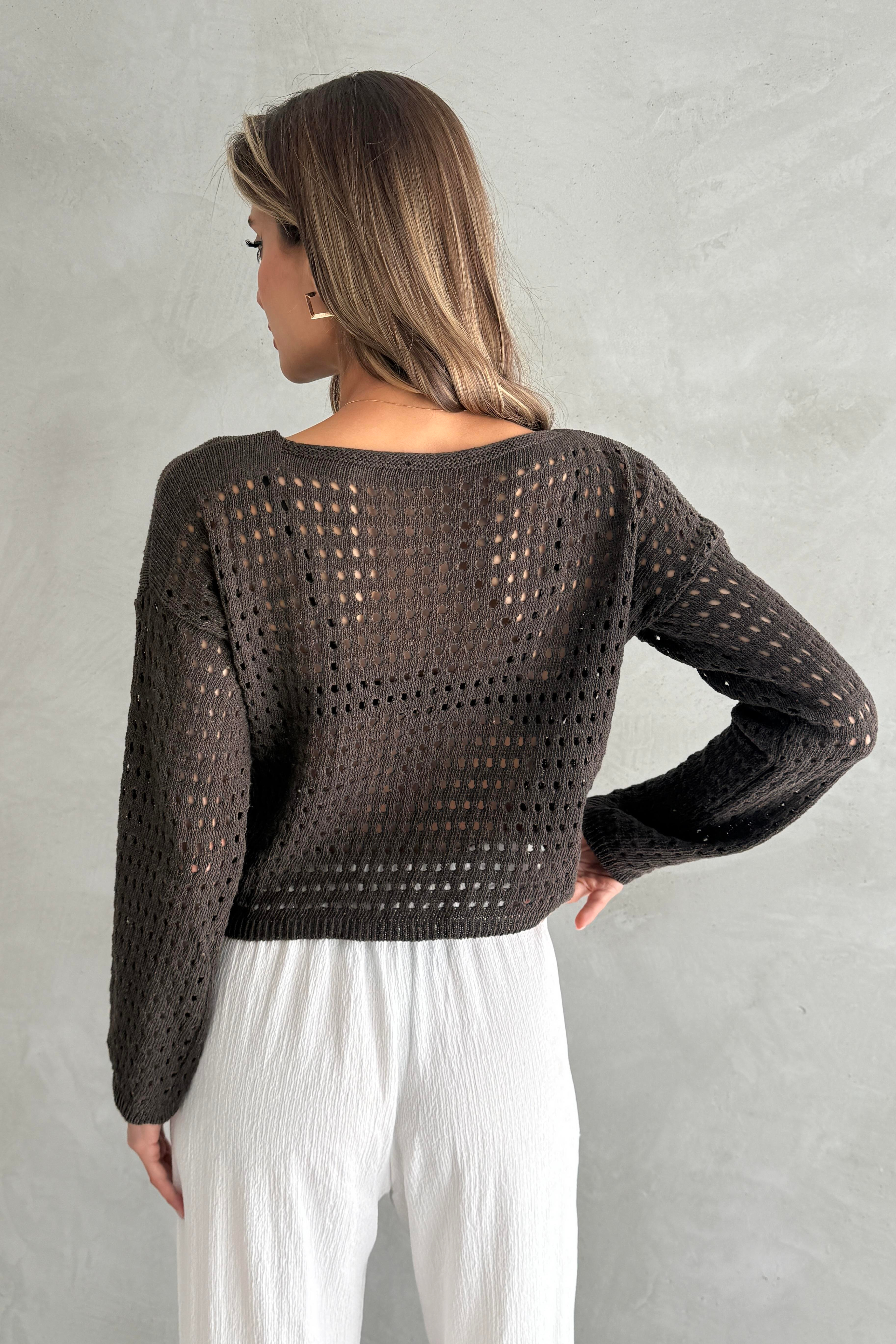 Ajurlu Crop Kahverengi Triko Bluz