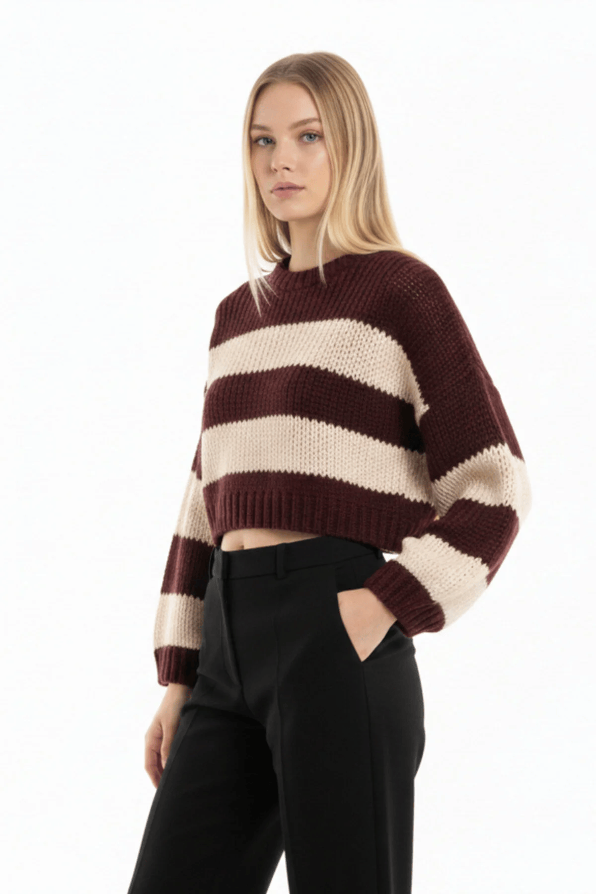 Bordo Ekru Çizgili Crop Triko Kazak - Kalın Örgü Oversize Yumuşak Dokulu Kışlık Kazak