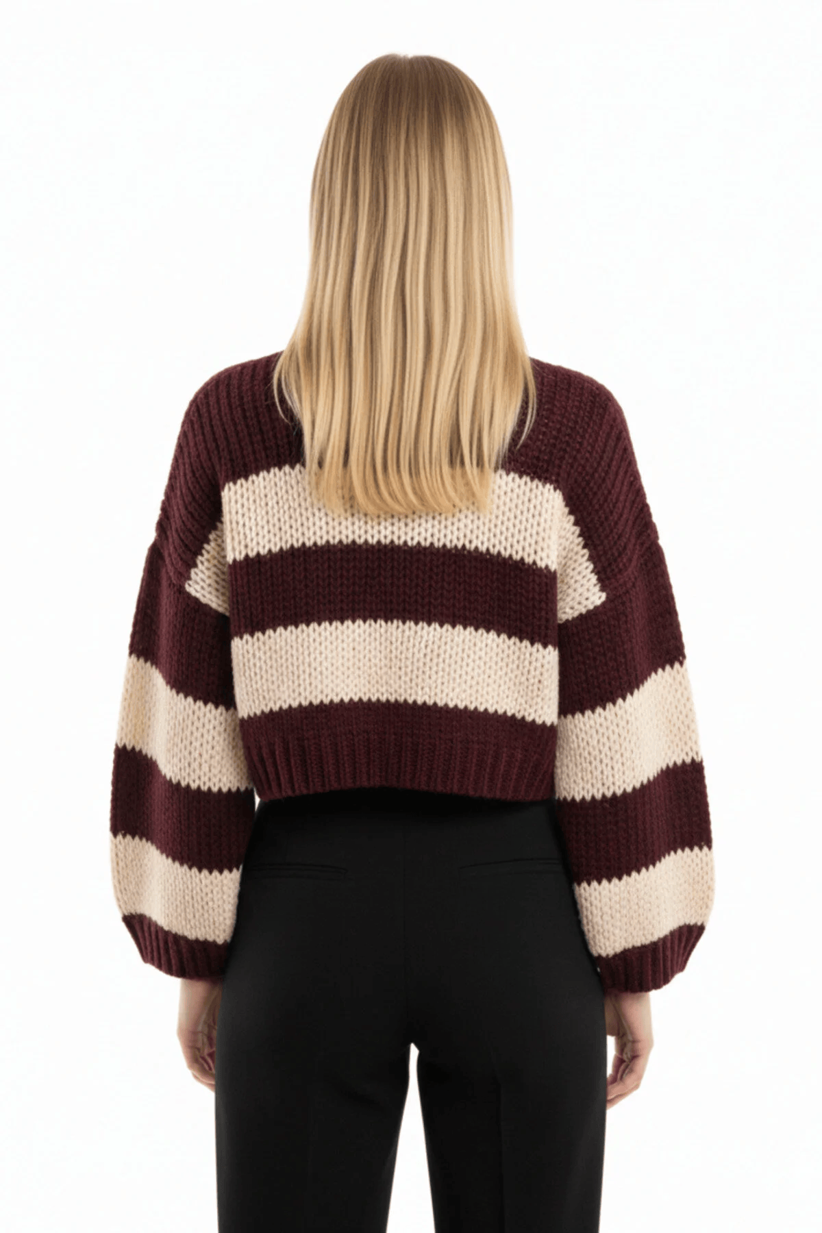Bordo Ekru Çizgili Crop Triko Kazak - Kalın Örgü Oversize Yumuşak Dokulu Kışlık Kazak