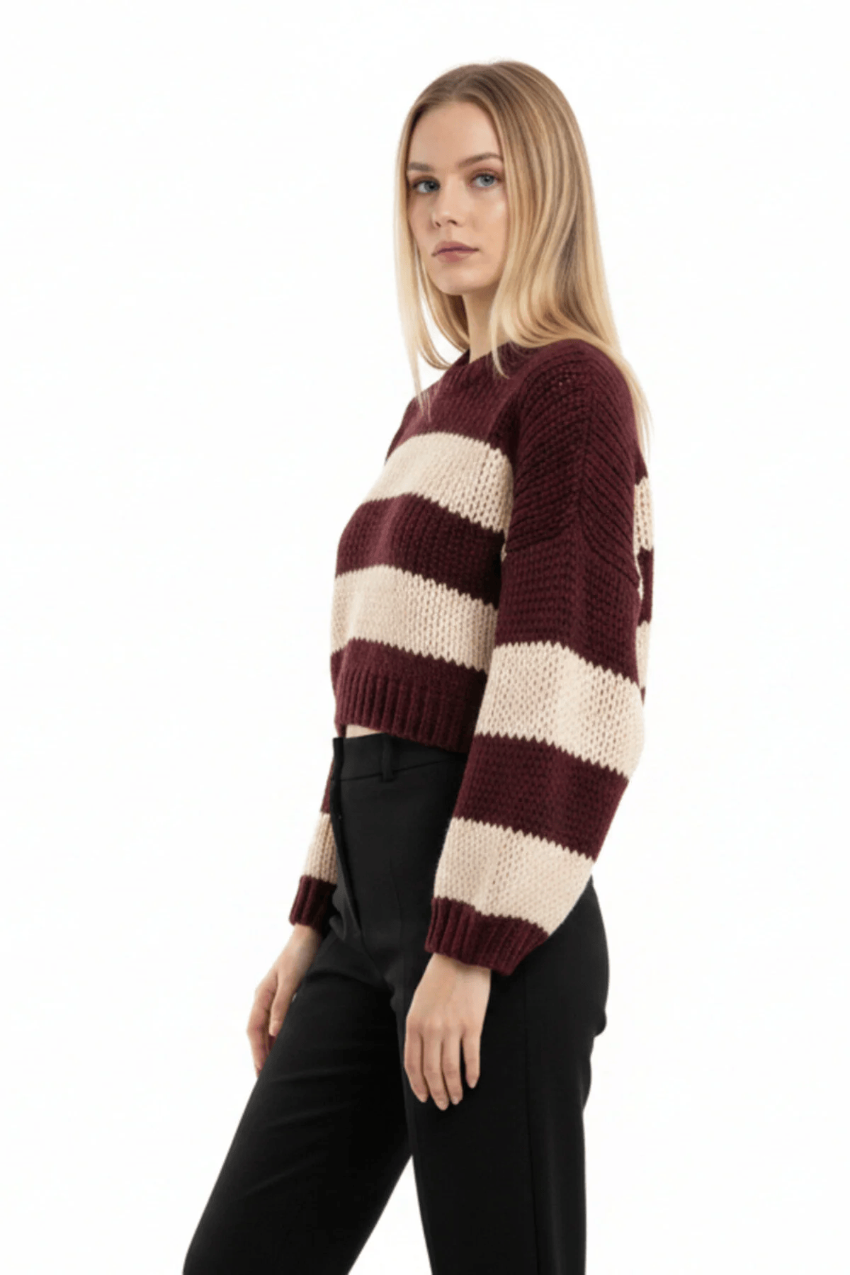 Bordo Ekru Çizgili Crop Triko Kazak - Kalın Örgü Oversize Yumuşak Dokulu Kışlık Kazak