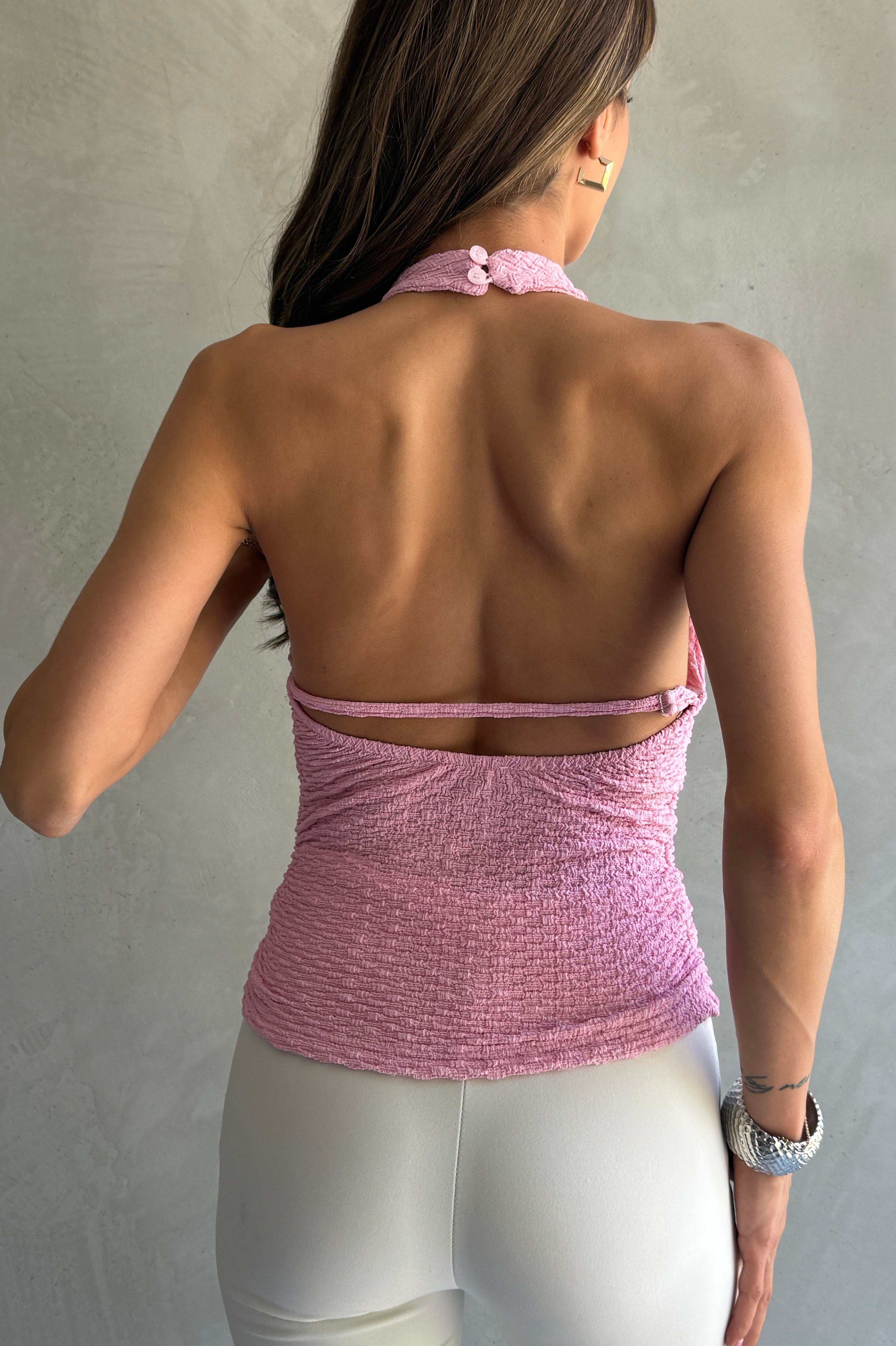 Boyundan Askılı Büzgülü Dokulu Pembe Örme Bluz