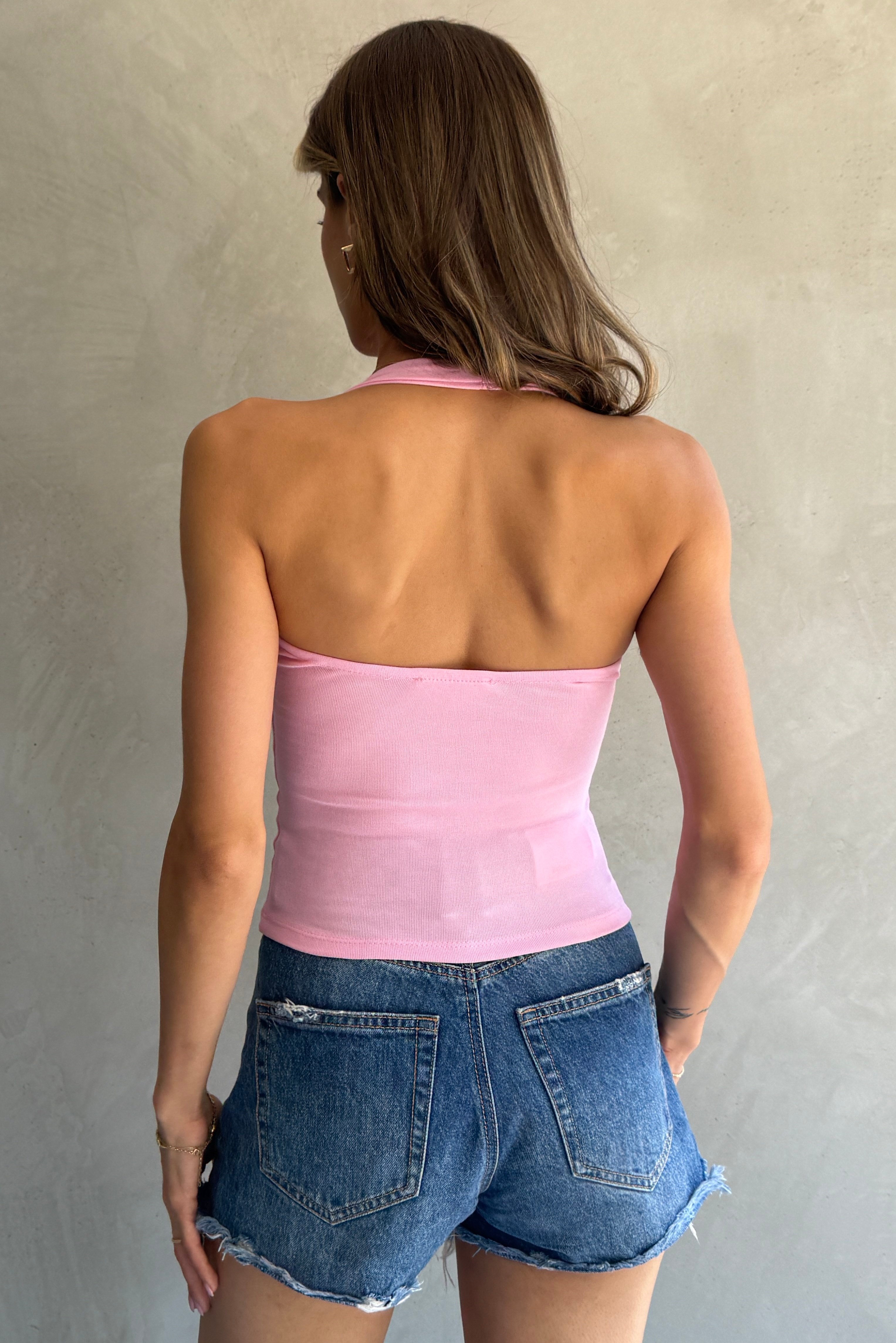 Boyundan Askılı Pembe Crop Örme Bluz