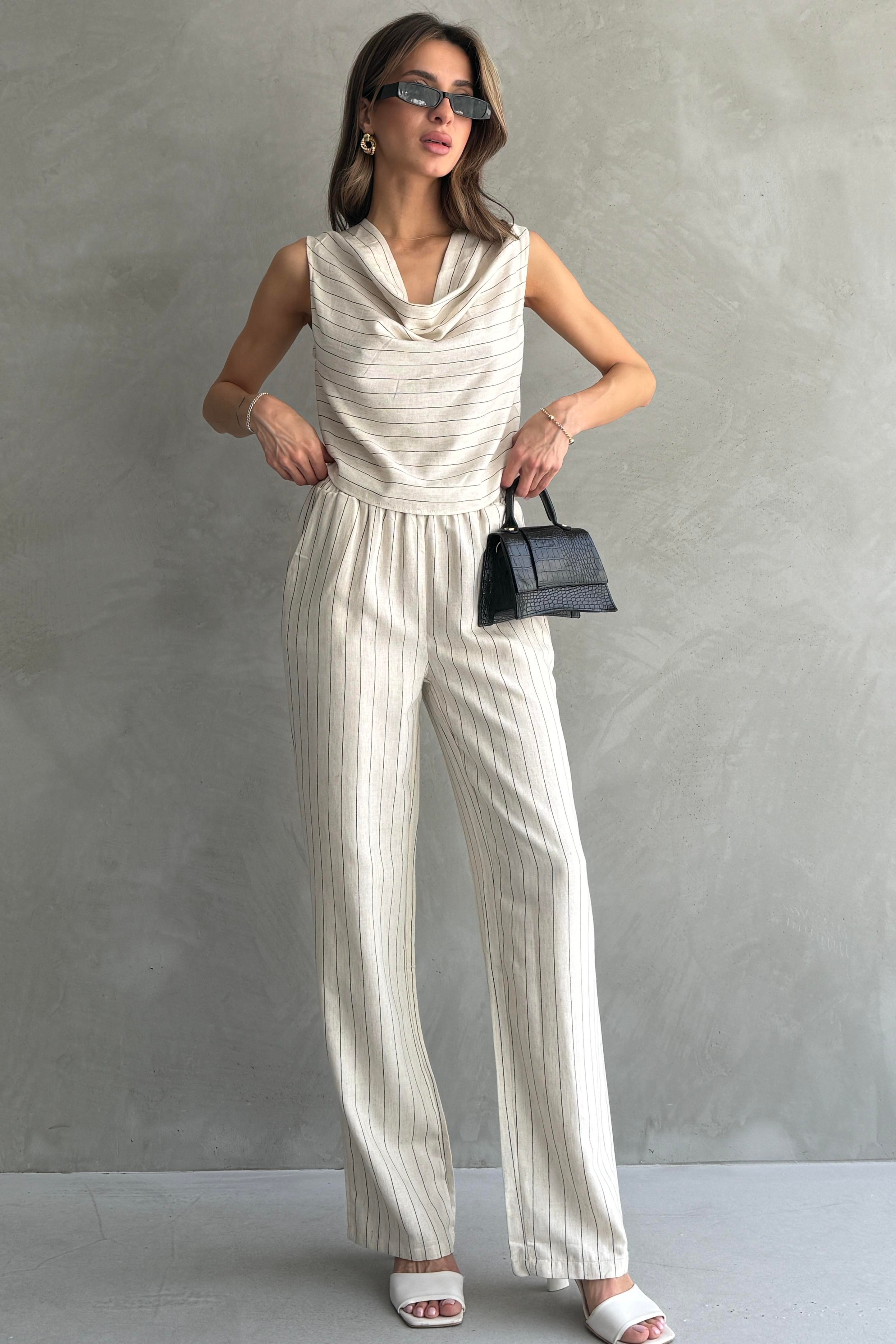 Drape Detaylı Çizgili Keten Bluz Pantolon Takımı